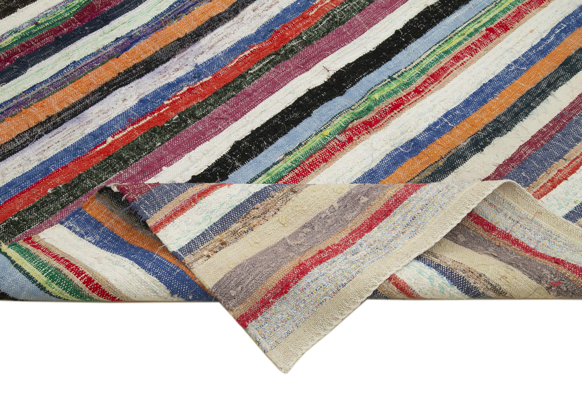 Handmade Cotton Wool Rug – White Striped Kilim | Hand Woven Area Rug 5'9'' x 11'1''
