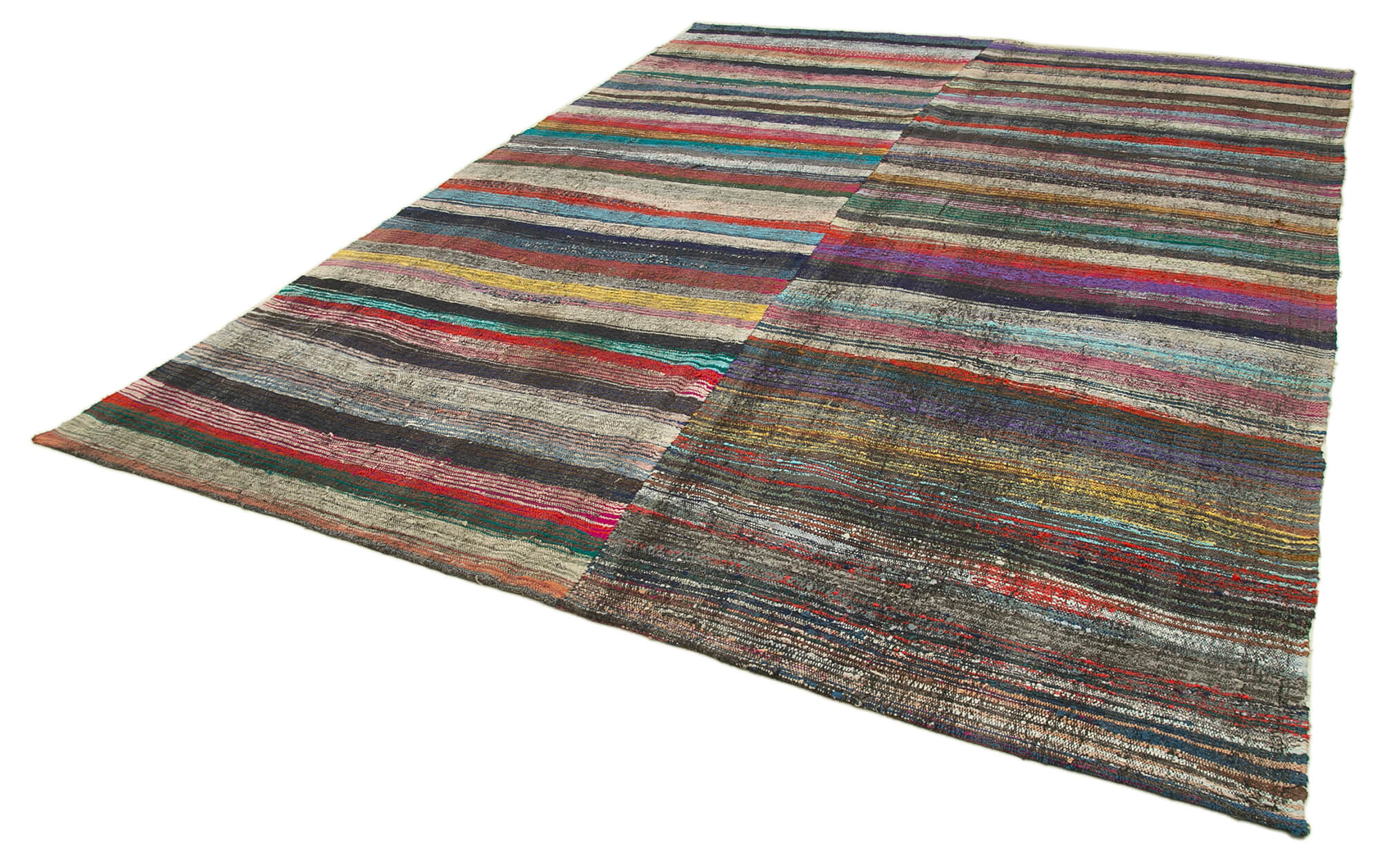 Handmade Area Rug - Brown Striped Cotton Wool Kilim, Vintage Turkish Carpet 9'3''x12'4''