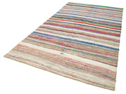 Handmade Area Rug - Beige Striped Kilim Cotton Wool Vintage Turkish Carpet 5'8''x10'3''