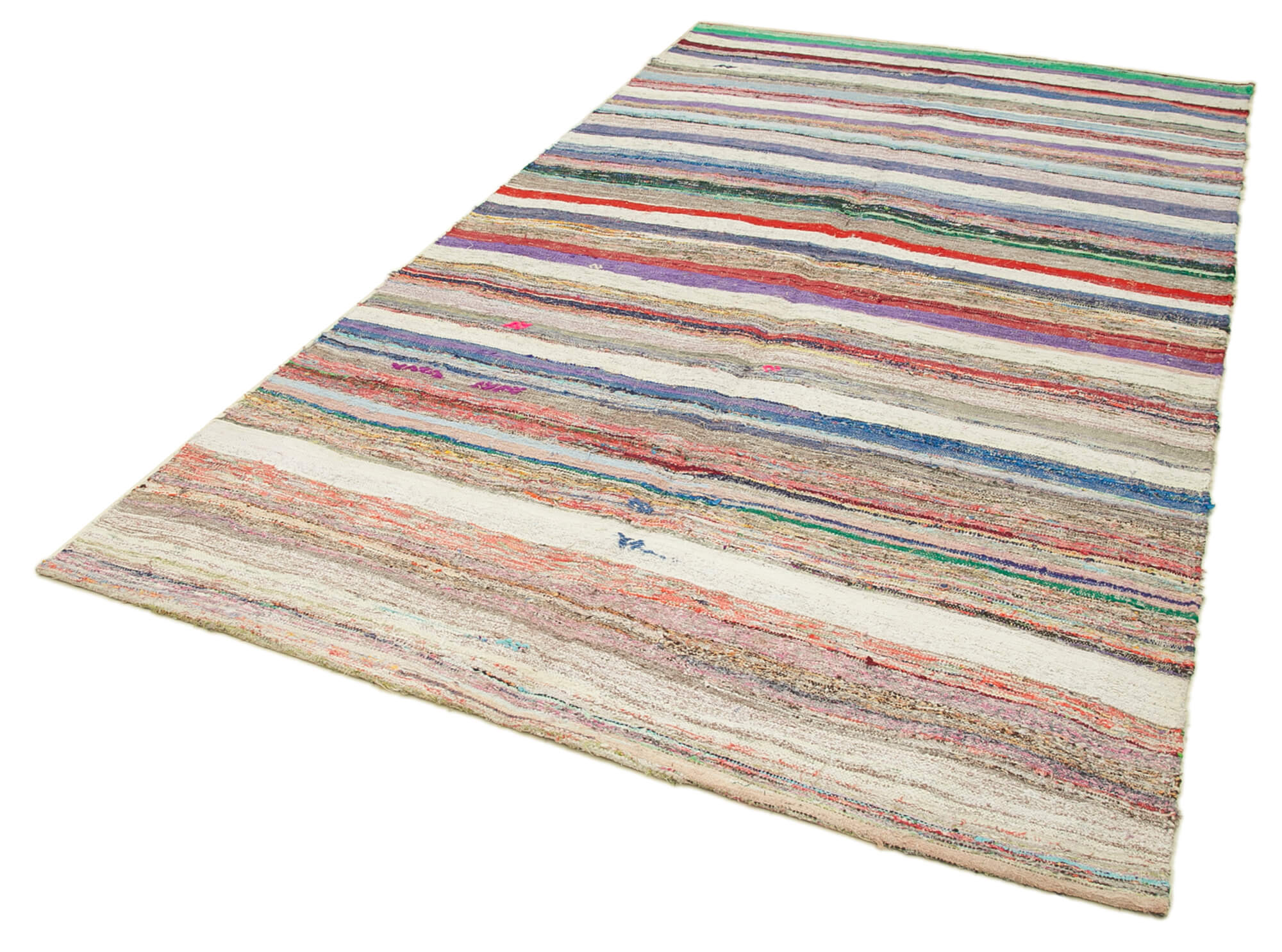 Handmade Area Rug - Beige Striped Kilim Cotton Wool Vintage Turkish Carpet 5'8''x10'3''