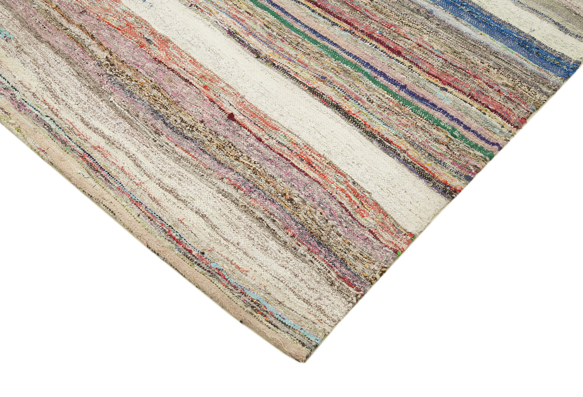 Handmade Area Rug - Beige Striped Kilim Cotton Wool Vintage Turkish Carpet 5'8''x10'3''