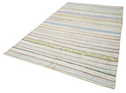 Handmade Wool Area Rug - White Striped Cotton Wool Rug, Vintage Turkish Carpet 6'1"x10'2"