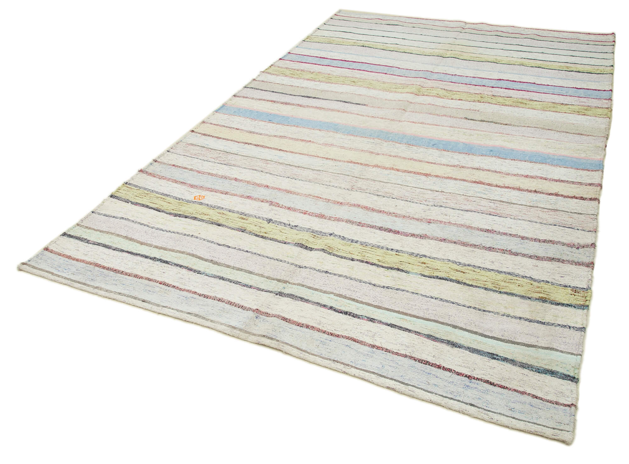 Handmade Wool Area Rug - White Striped Cotton Wool Rug, Vintage Turkish Carpet 6'1"x10'2"