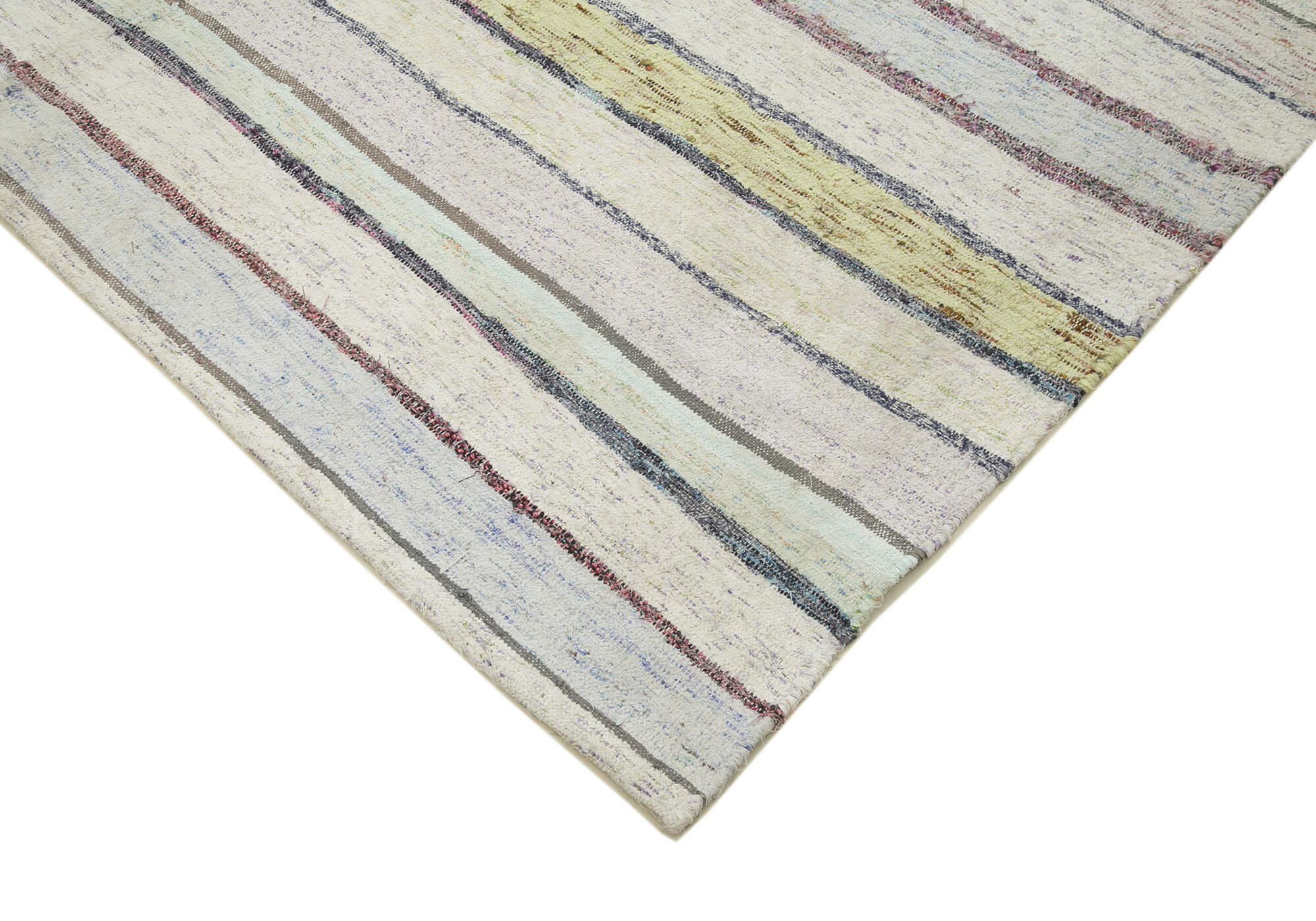 Handmade Wool Area Rug - White Striped Cotton Wool Rug, Vintage Turkish Carpet 6'1"x10'2"