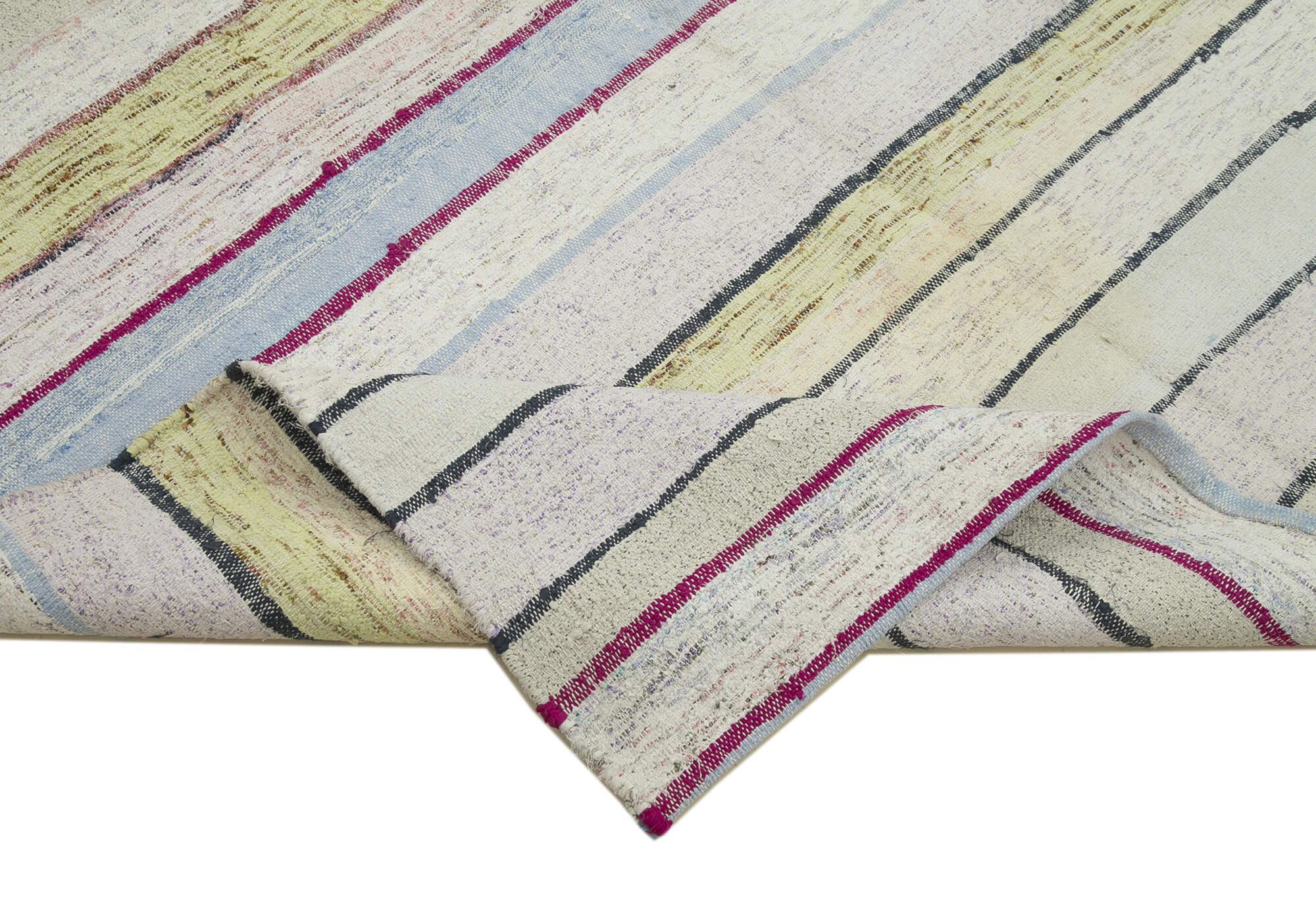 Handmade Wool Area Rug - White Striped Cotton Wool Rug, Vintage Turkish Carpet 6'1"x10'2"
