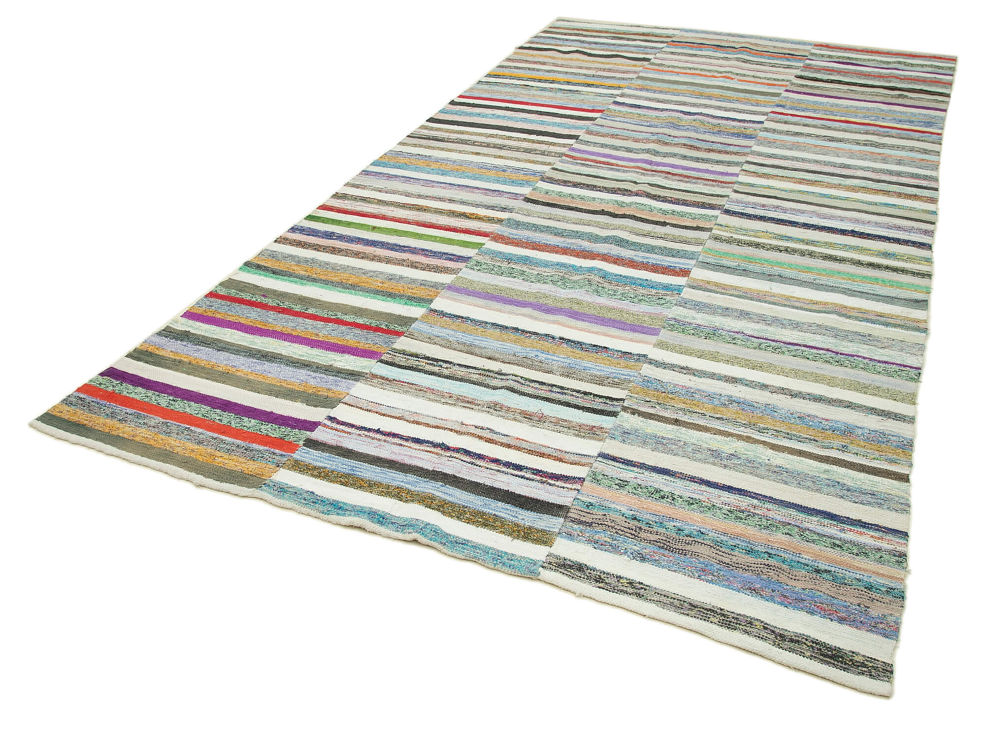 Handmade Cotton Wool Rug – White Striped Turkish Kilim Carpet 6'2''x11'9'' Durable Wool