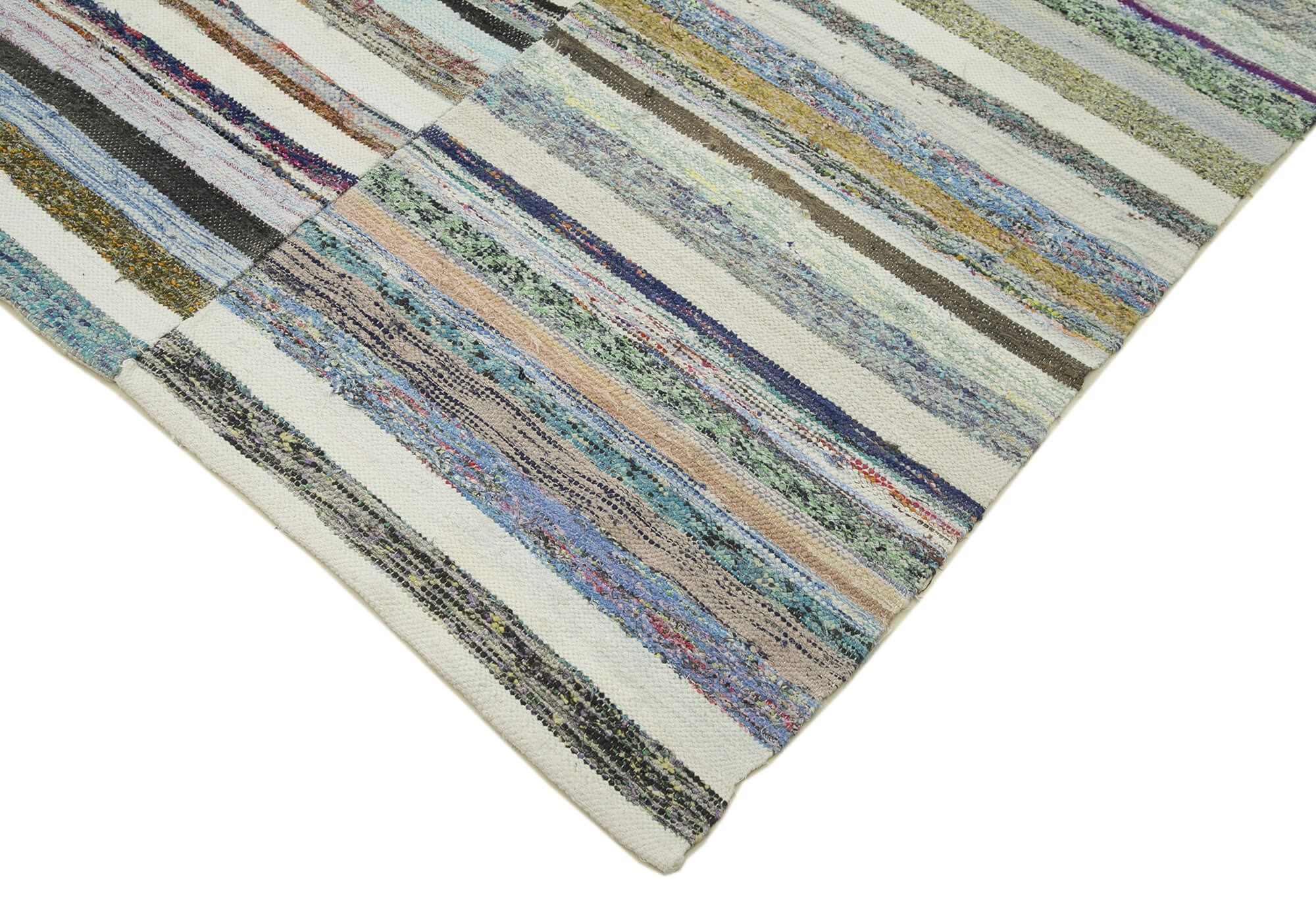 Handmade Cotton Wool Rug – White Striped Turkish Kilim Carpet 6'2''x11'9'' Durable Wool
