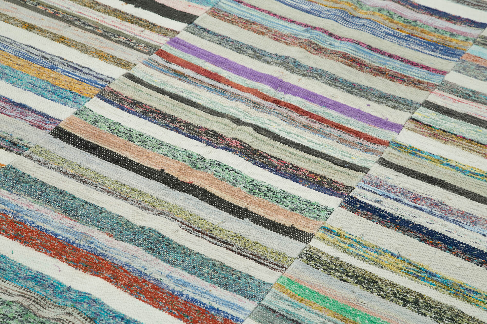 Handmade Cotton Wool Rug – White Striped Turkish Kilim Carpet 6'2''x11'9'' Durable Wool