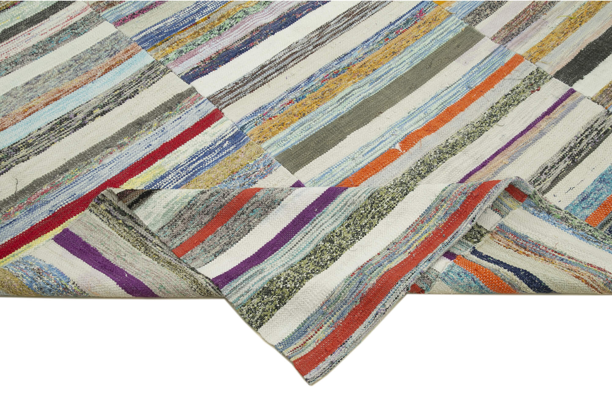 Handmade Cotton Wool Rug – White Striped Turkish Kilim Carpet 6'2''x11'9'' Durable Wool