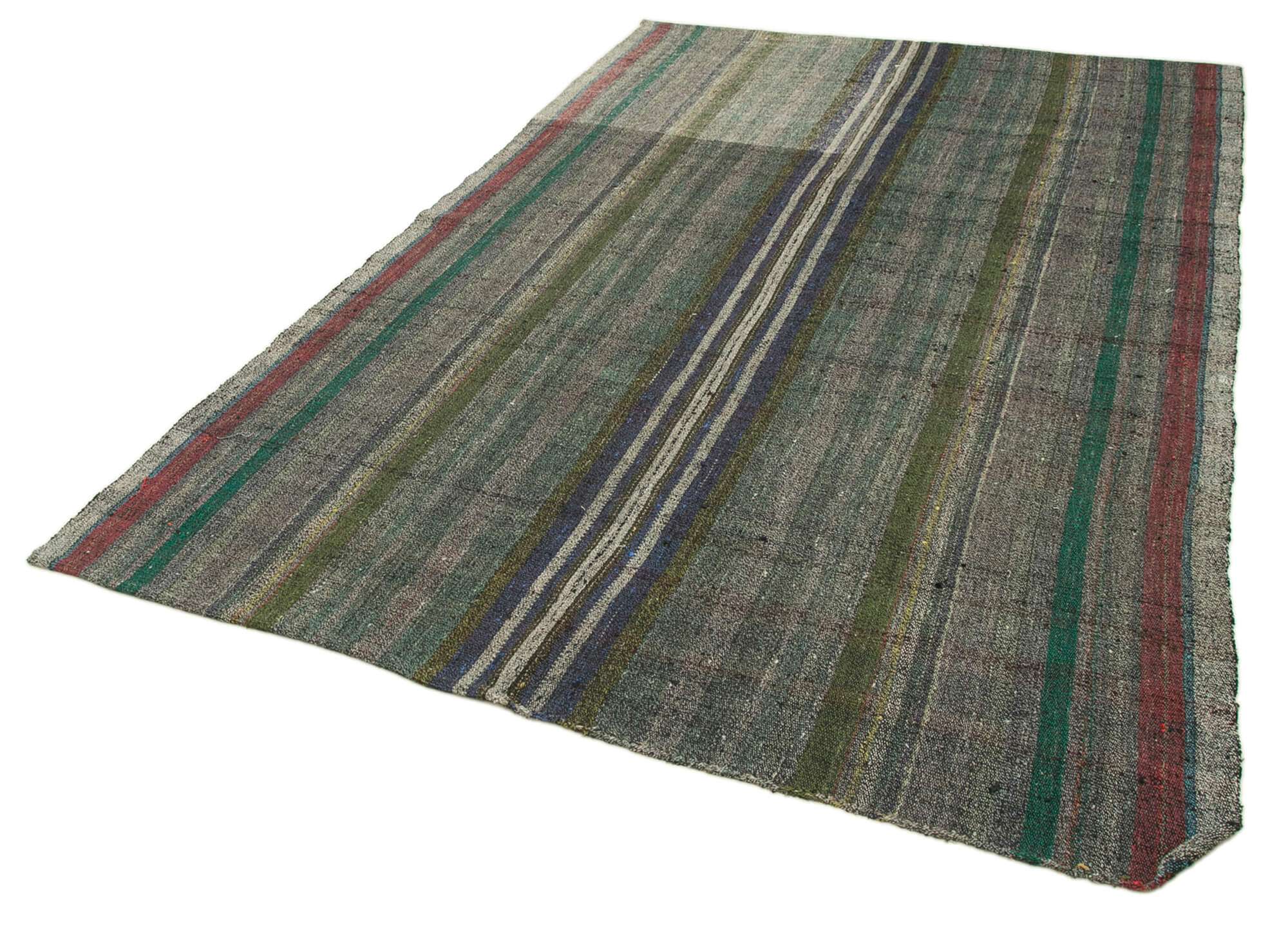 Handmade Area Rug - Grey Striped Kilim Cotton Wool Rug 6'x9' Vintage Turkish