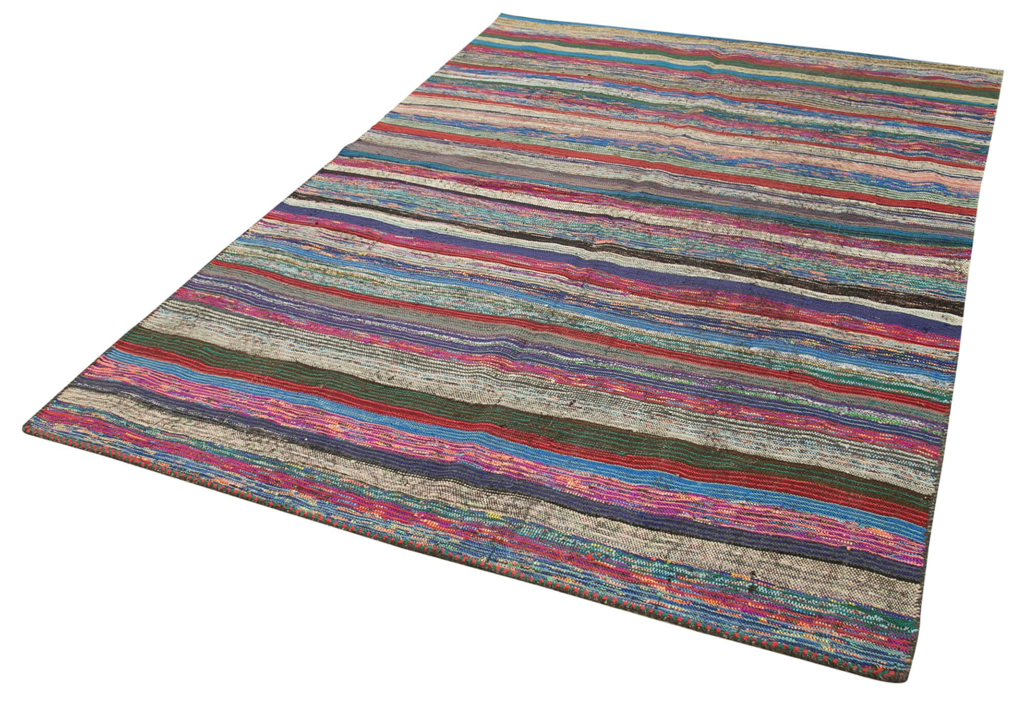 Handmade Cotton Wool Rug – White Striped Kilim, Durable Woven Area Rug 5'8''x8'