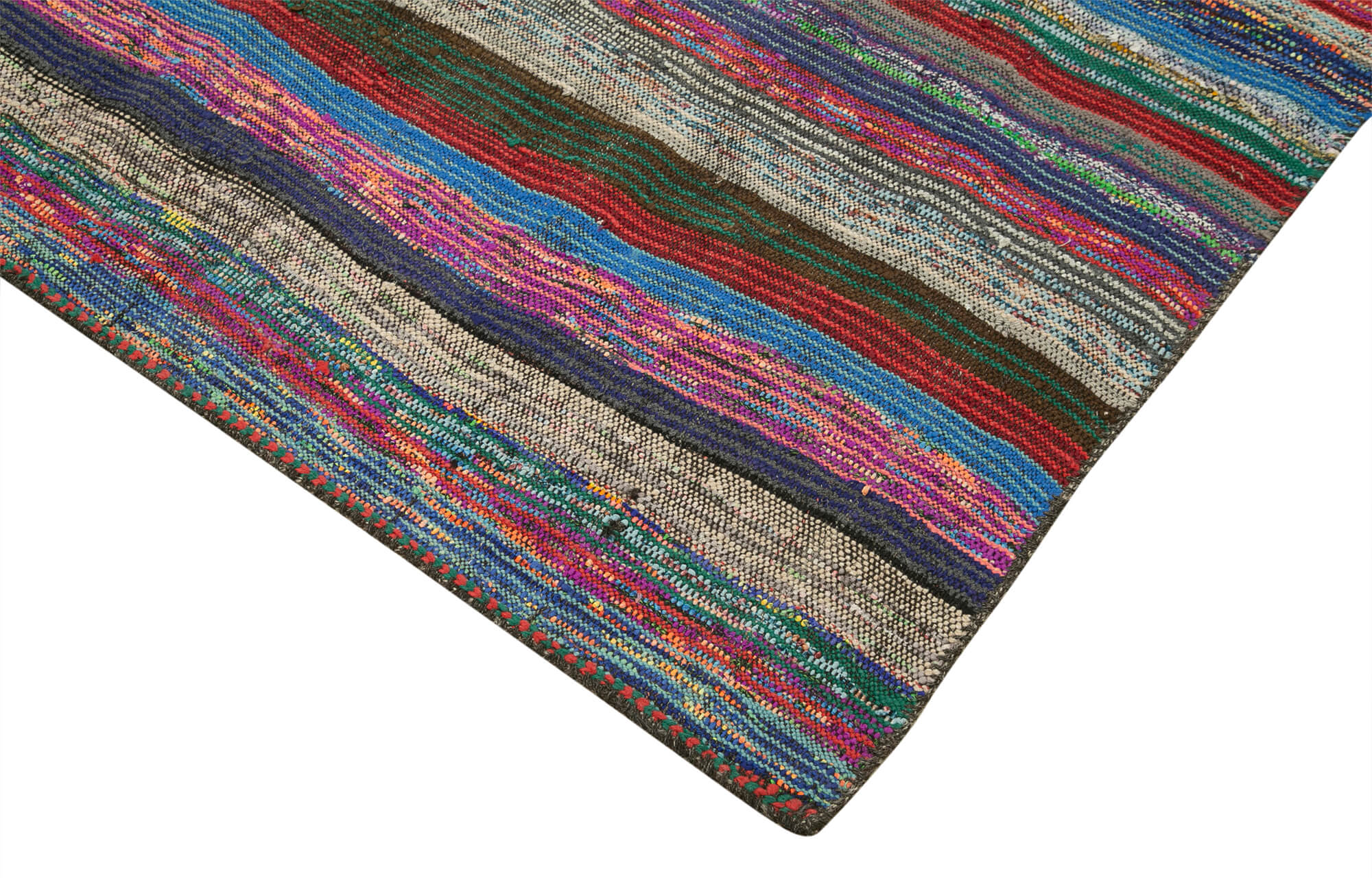 Handmade Cotton Wool Rug – White Striped Kilim, Durable Woven Area Rug 5'8''x8'
