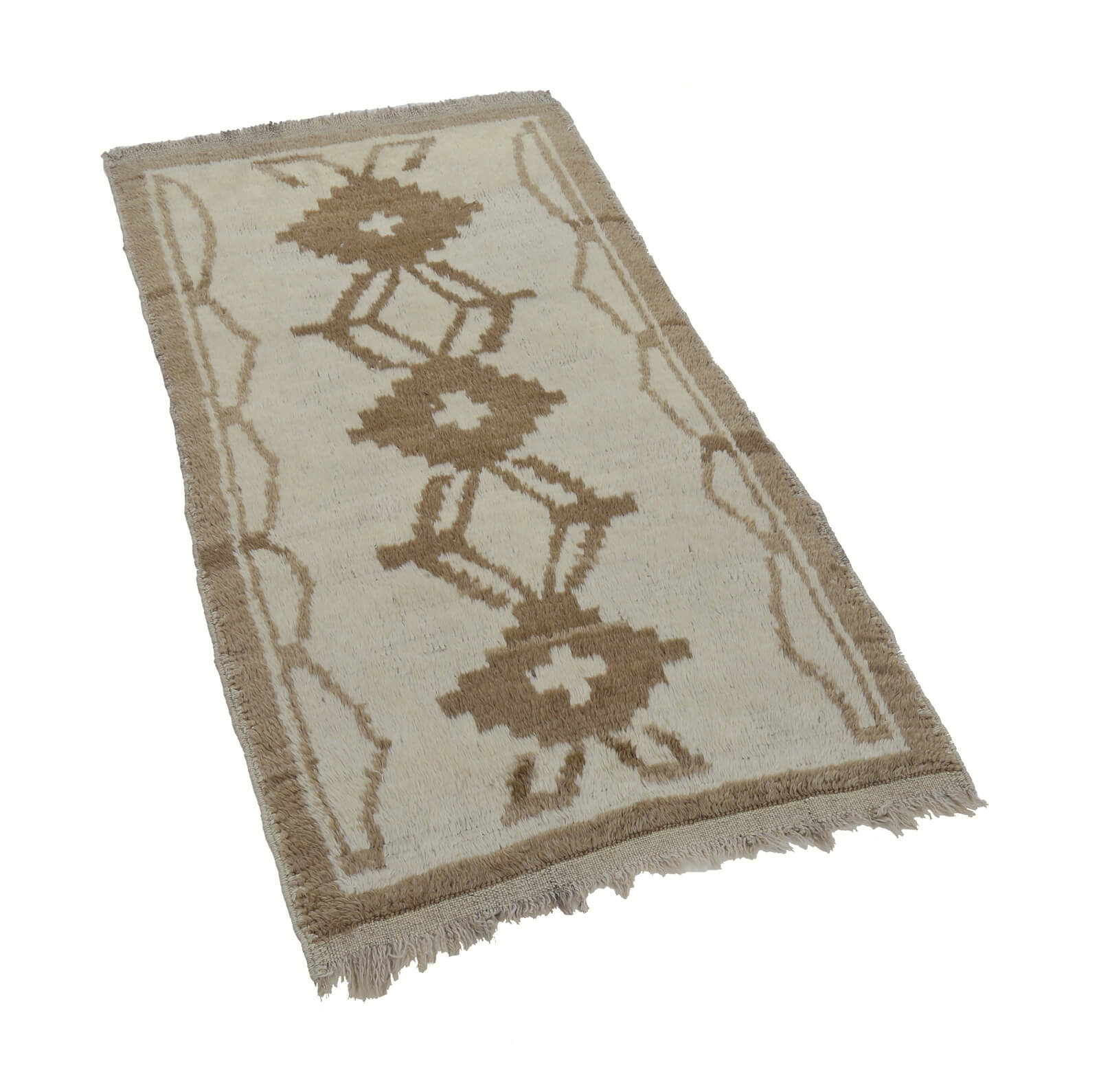 Handmade Area Rug - Beige Geometric Cotton Wool Turkish Vintage Carpet 3'3''x5'10''