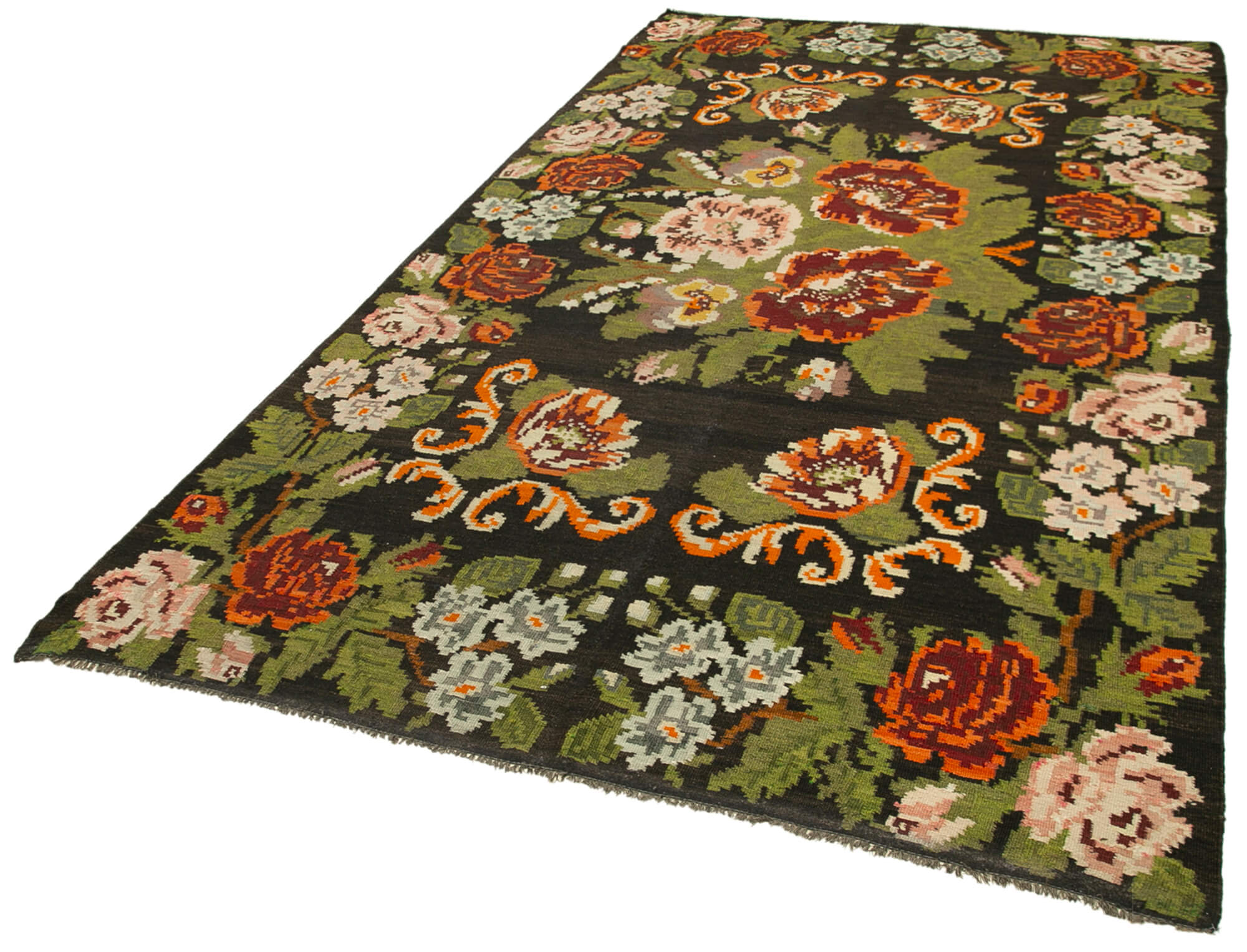 Handmade Wool Rug - Moldovian Black Floral Cotton & Goat Hair Vintage Area Rug 5'11''x10'11''