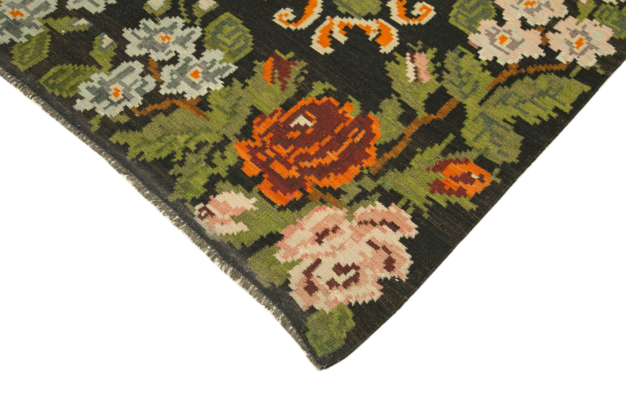 Handmade Wool Rug - Moldovian Black Floral Cotton & Goat Hair Vintage Area Rug 5'11''x10'11''