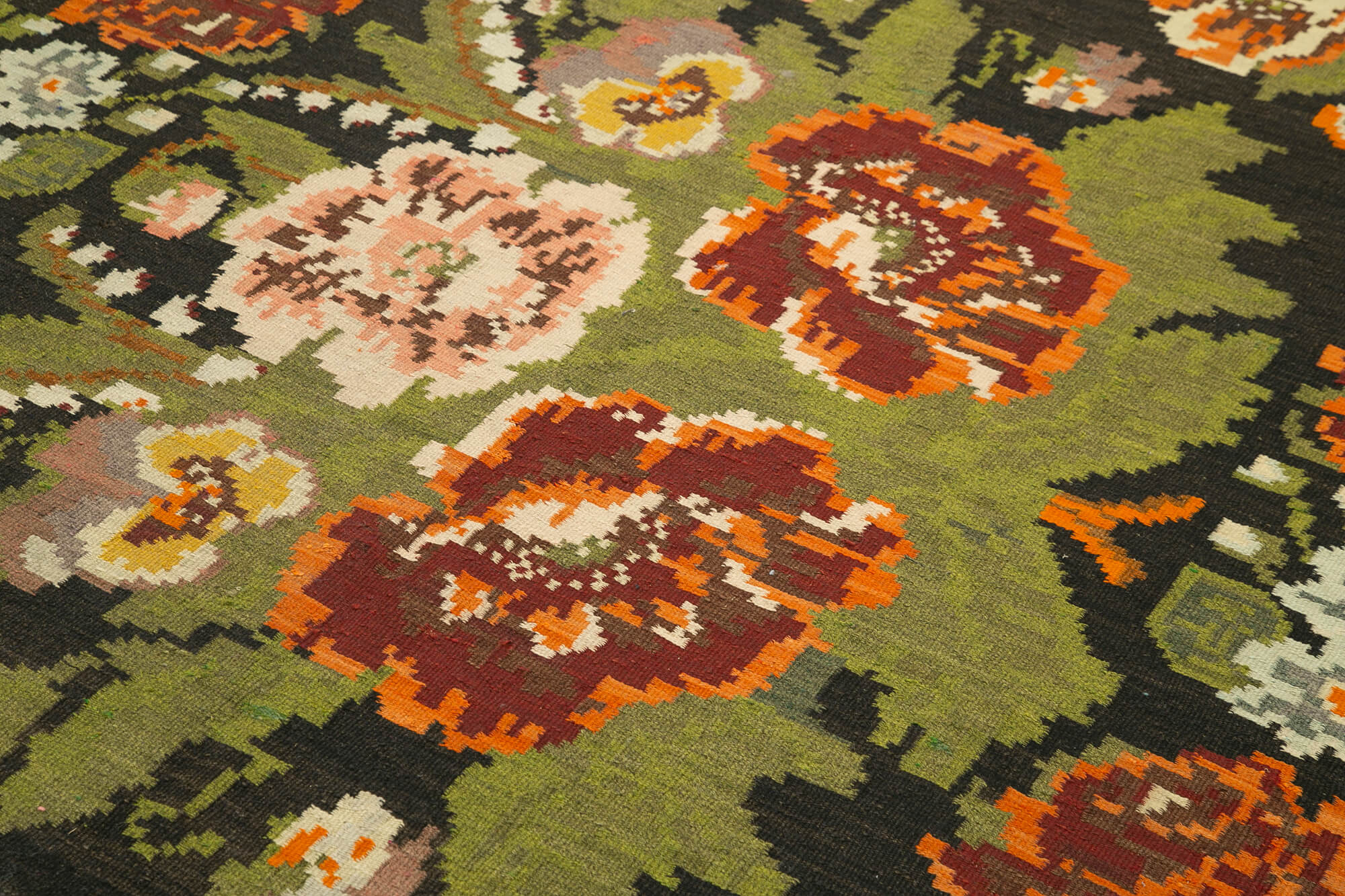 Handmade Wool Rug - Moldovian Black Floral Cotton & Goat Hair Vintage Area Rug 5'11''x10'11''