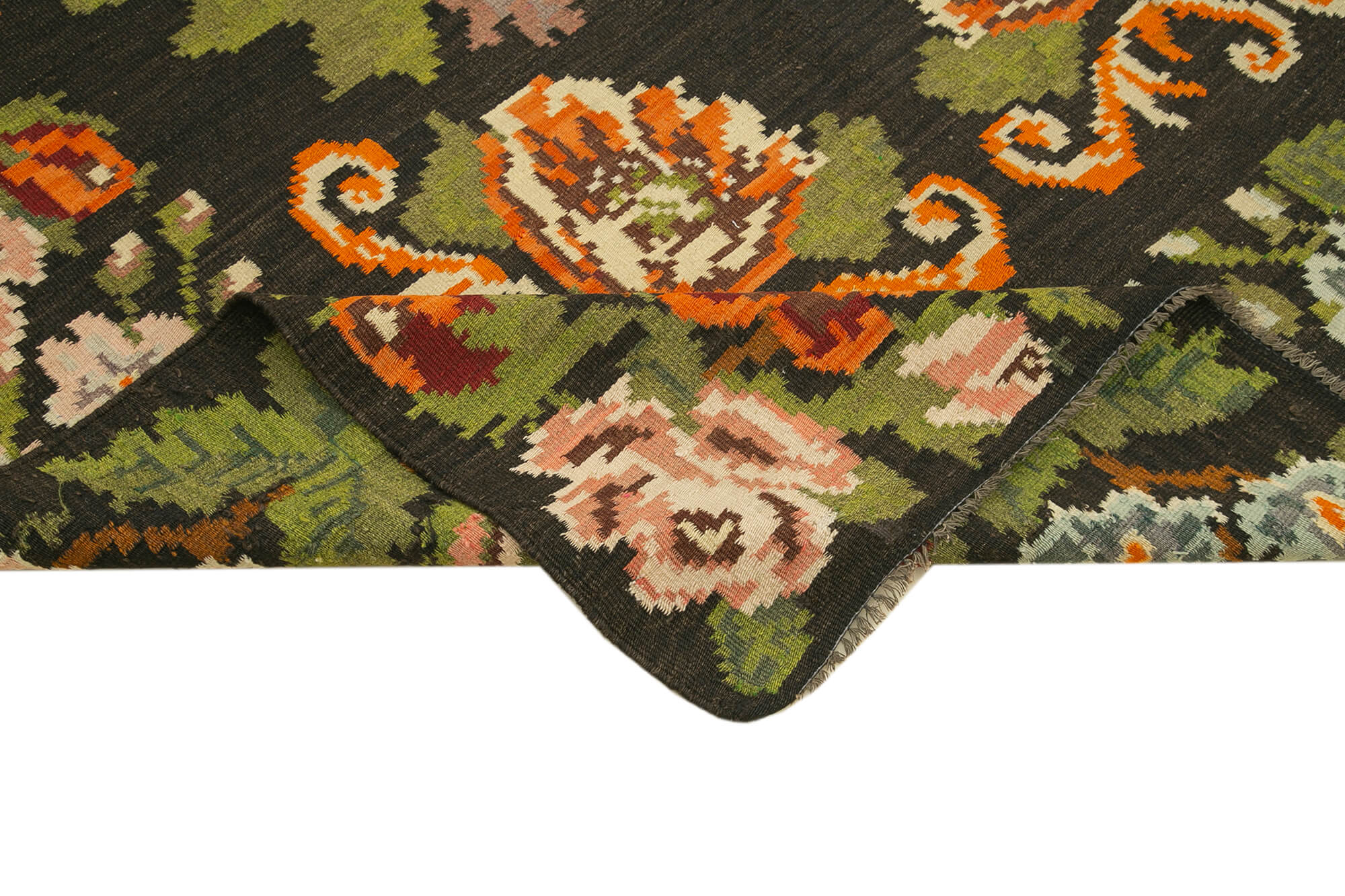 Handmade Wool Rug - Moldovian Black Floral Cotton & Goat Hair Vintage Area Rug 5'11''x10'11''