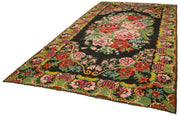 Handmade Wool Area Rug – Vintage Black Floral Design, Cotton Goat Hair Blend 7'2''x12'8''