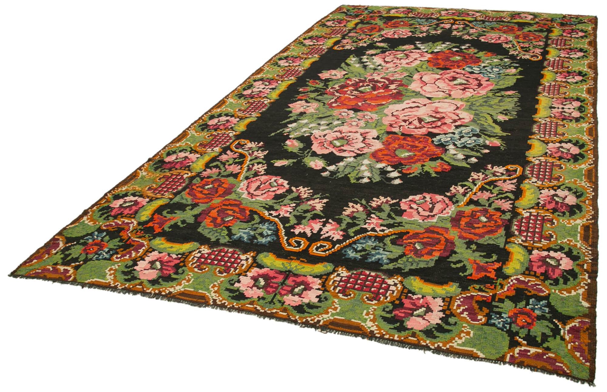 Handmade Wool Area Rug – Vintage Black Floral Design, Cotton Goat Hair Blend 7'2''x12'8''