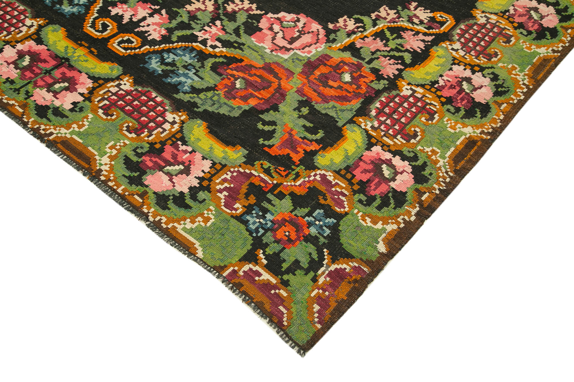 Handmade Wool Area Rug – Vintage Black Floral Design, Cotton Goat Hair Blend 7'2''x12'8''