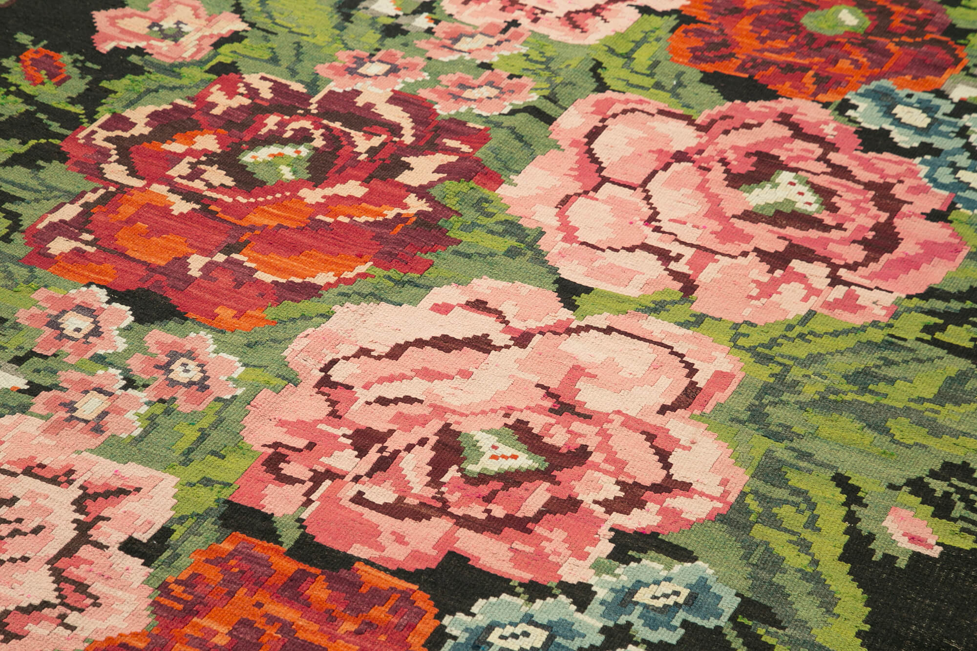 Handmade Wool Area Rug – Vintage Black Floral Design, Cotton Goat Hair Blend 7'2''x12'8''