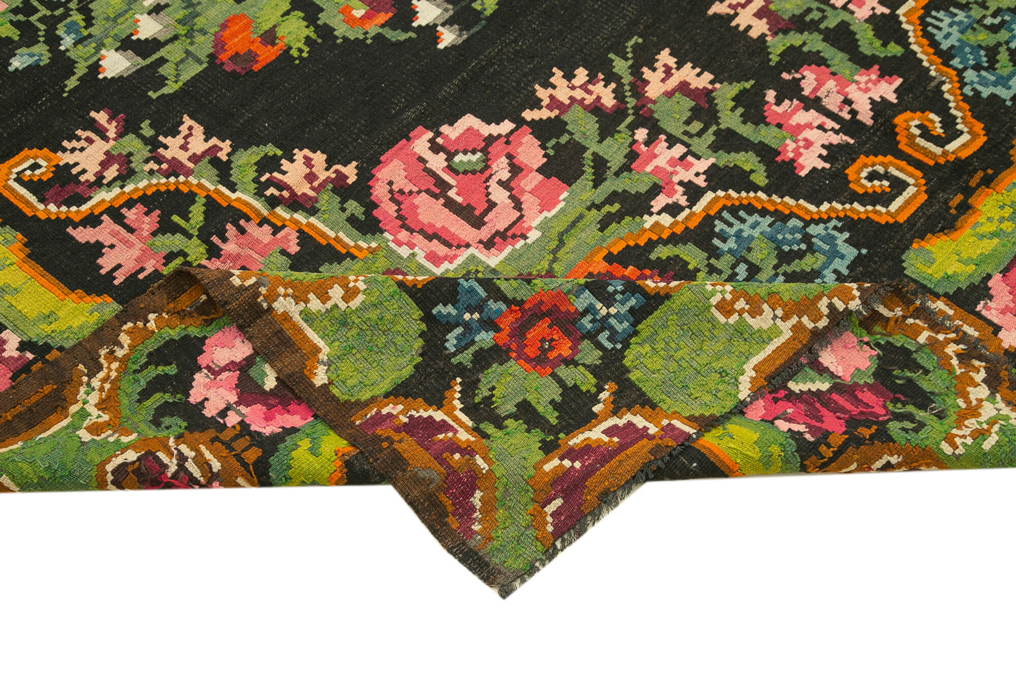 Handmade Wool Area Rug – Vintage Black Floral Design, Cotton Goat Hair Blend 7'2''x12'8''