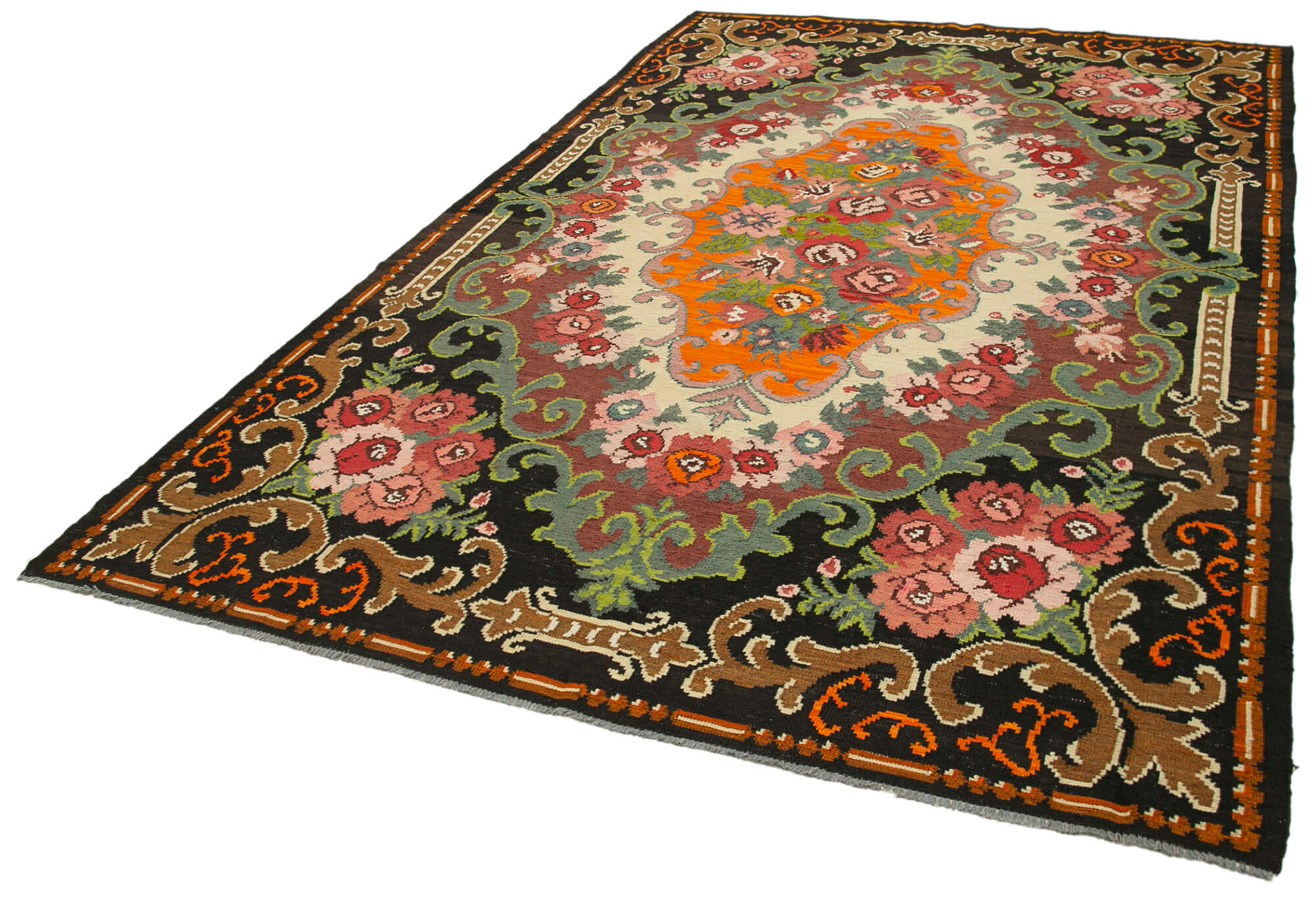 Handmade Wool Rug – Moldovian Black Floral Vintage Area Rug 6'11''x10'6'' Cotton Wool Blend
