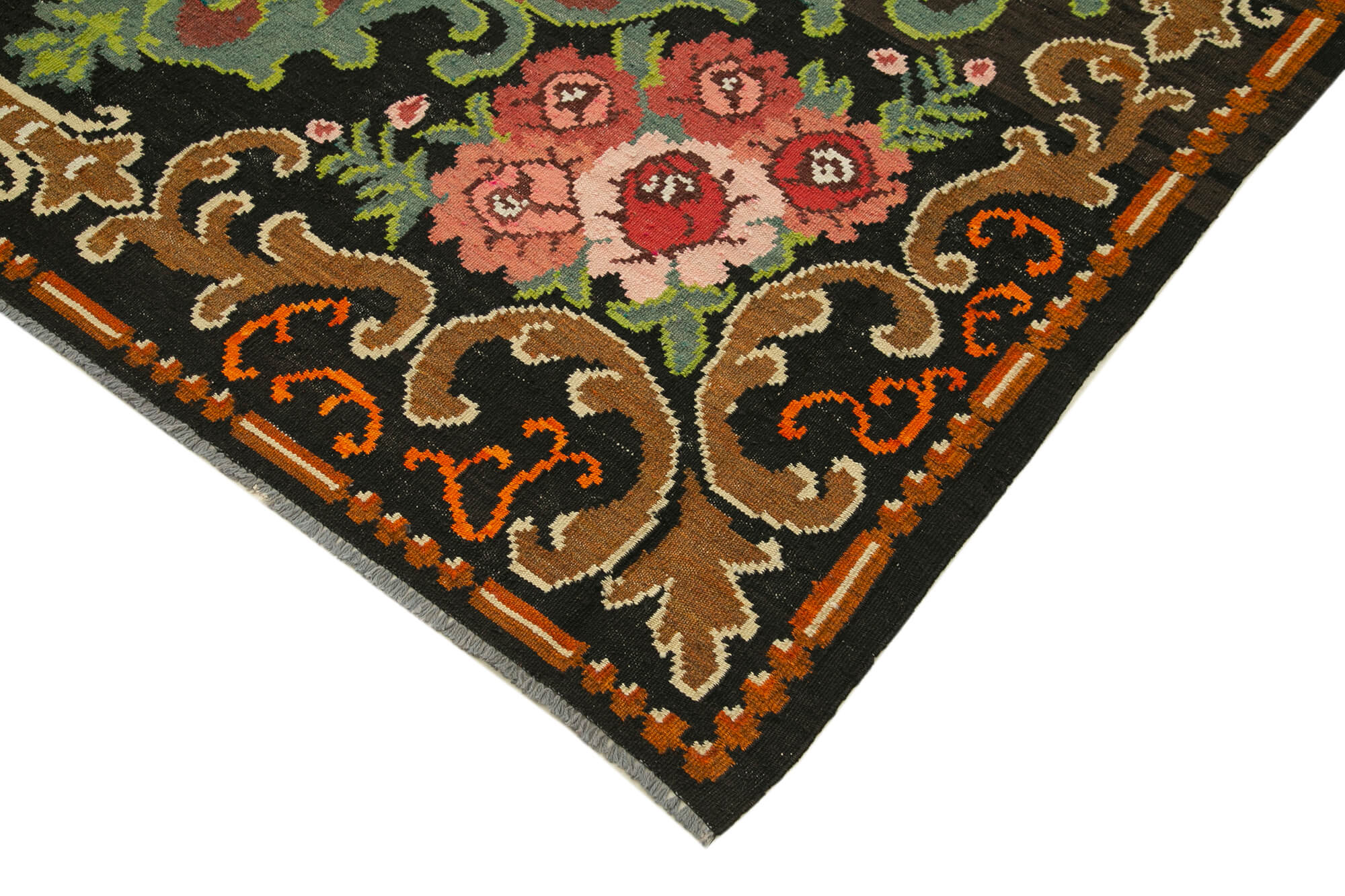 Handmade Wool Rug – Moldovian Black Floral Vintage Area Rug 6'11''x10'6'' Cotton Wool Blend