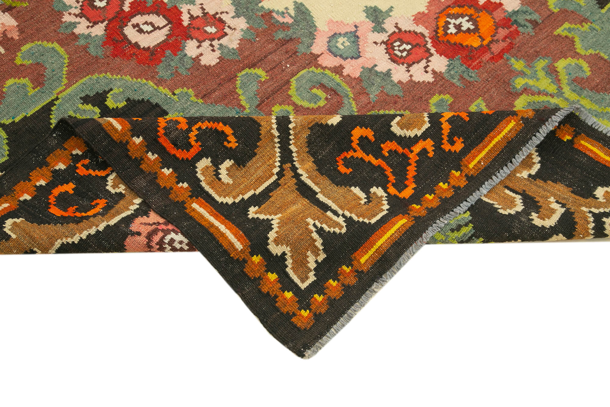 Handmade Wool Rug – Moldovian Black Floral Vintage Area Rug 6'11''x10'6'' Cotton Wool Blend