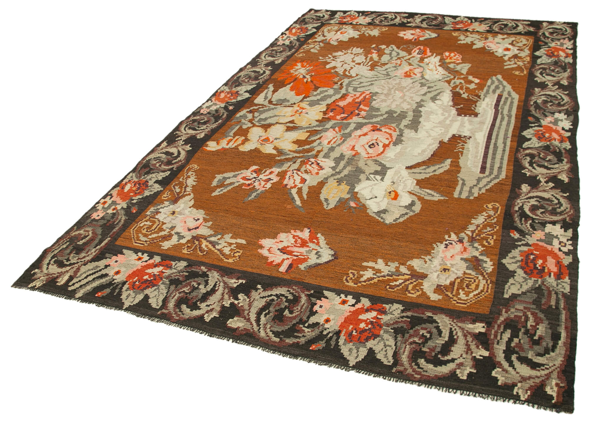 Handmade Wool Rug - Black Floral Rug | Vintage Area Rug, Soft Texture Rug 6'x10'3"