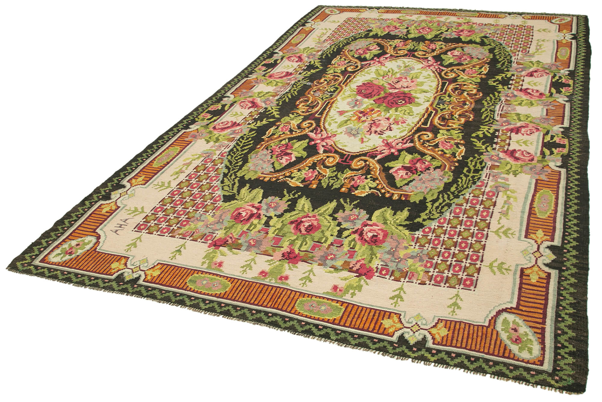 Handmade Wool Rug - Moldovian Black Floral Vintage Area Rug 7'x11'8'' Cotton Wool Blend