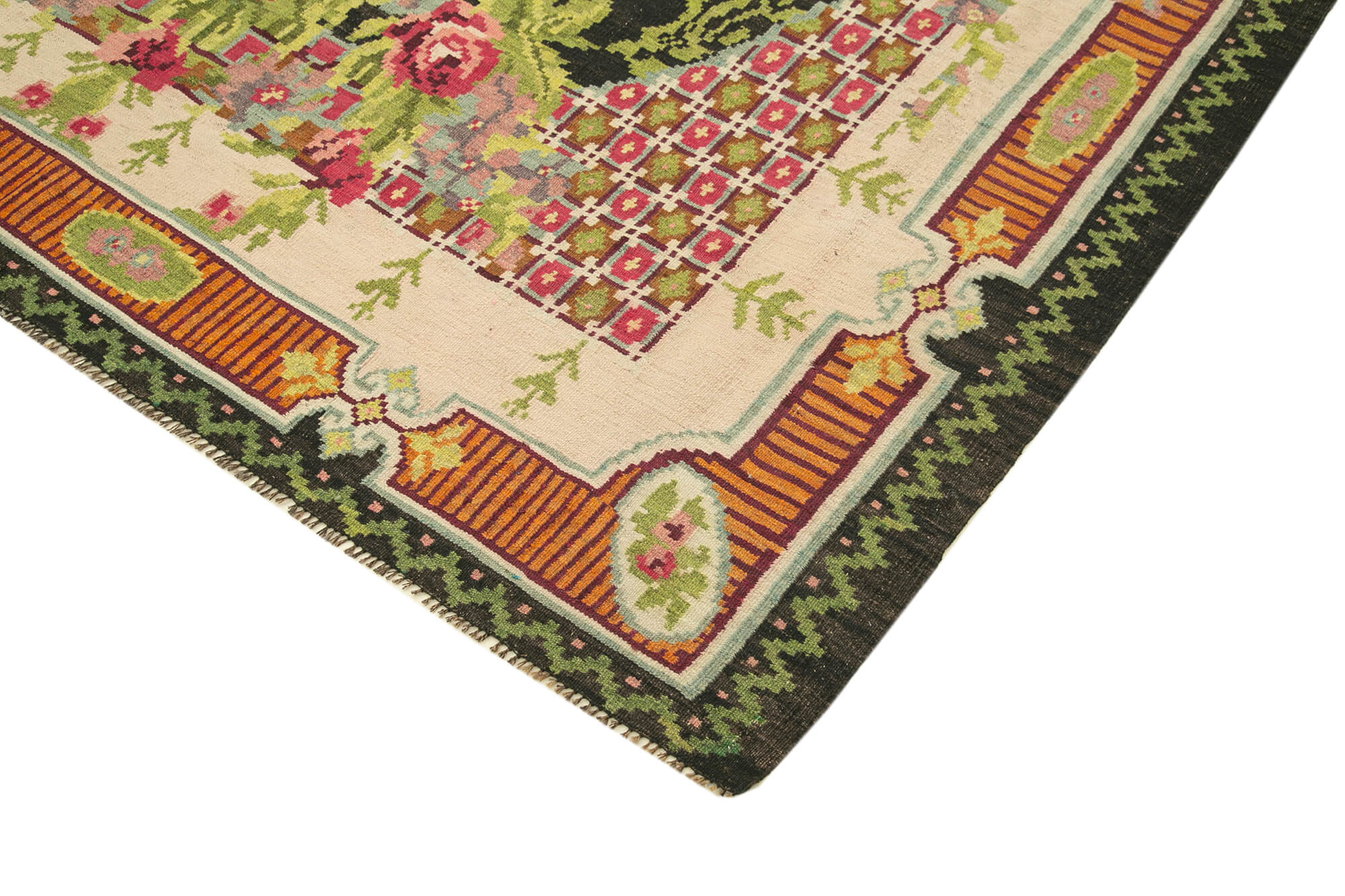 Handmade Wool Rug - Moldovian Black Floral Vintage Area Rug 7'x11'8'' Cotton Wool Blend