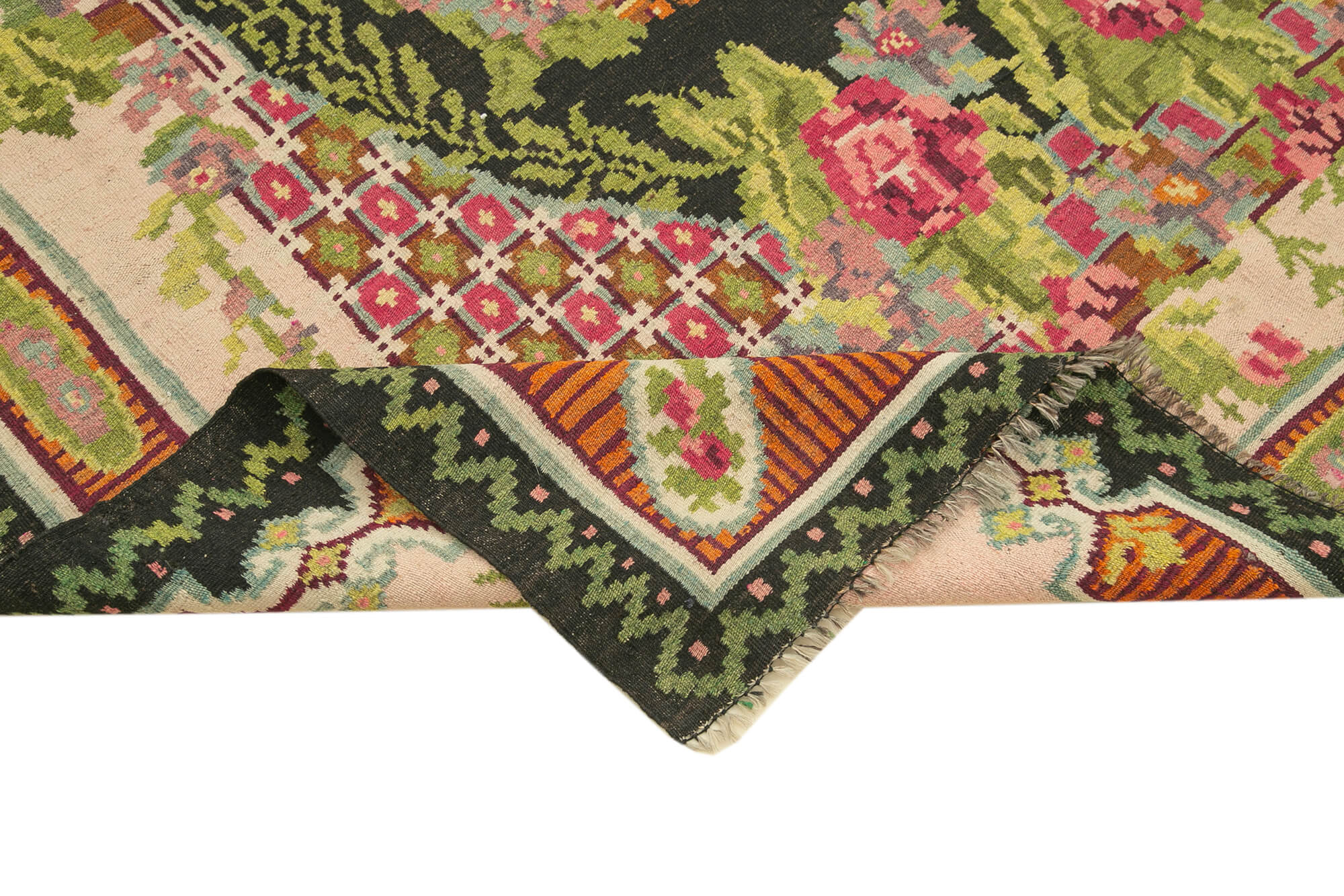 Handmade Wool Rug - Moldovian Black Floral Vintage Area Rug 7'x11'8'' Cotton Wool Blend