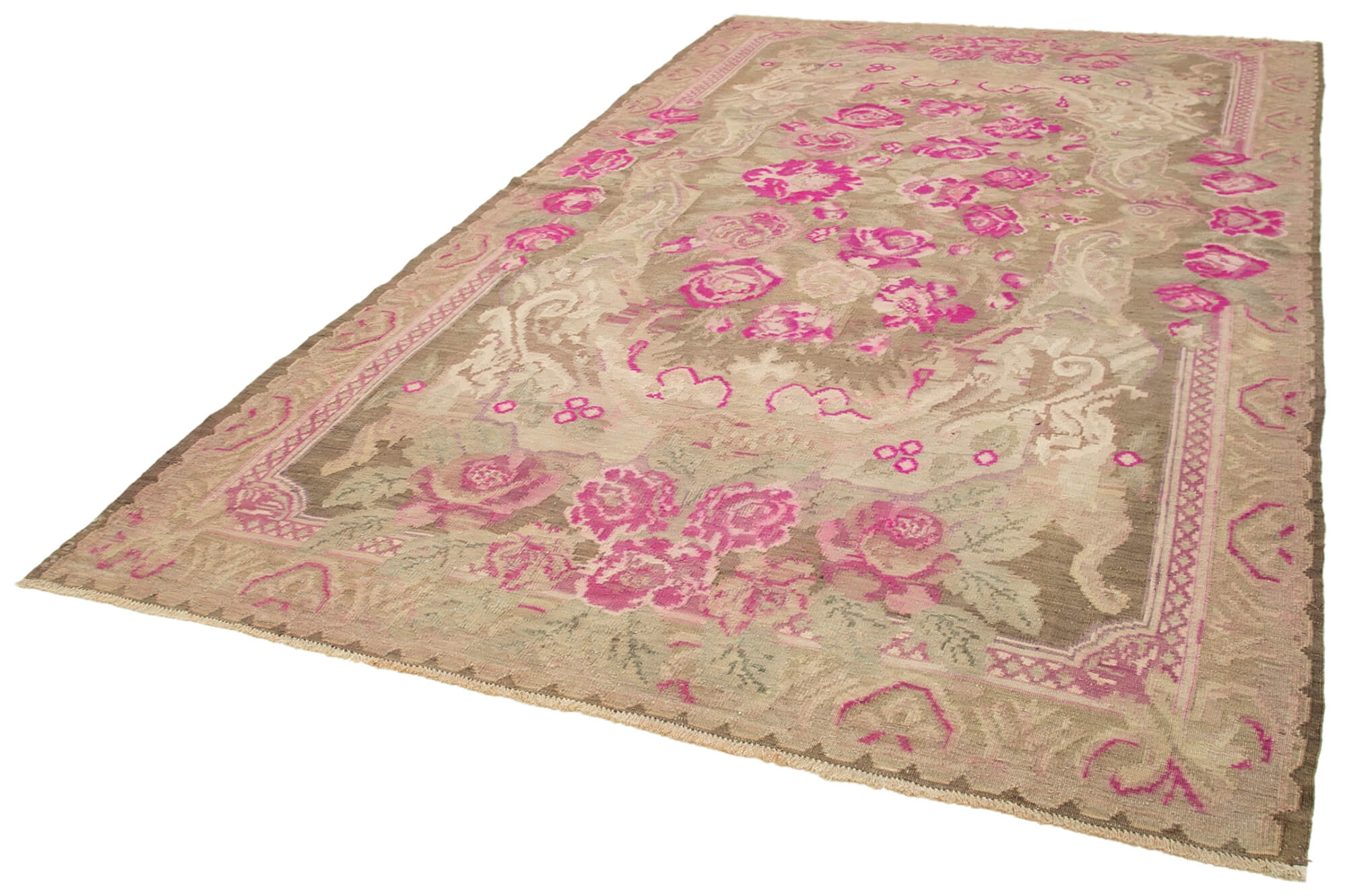 Handmade Wool Area Rug – Beige Floral Cotton Wool Blend, 7x12 Foot Vintage Carpet