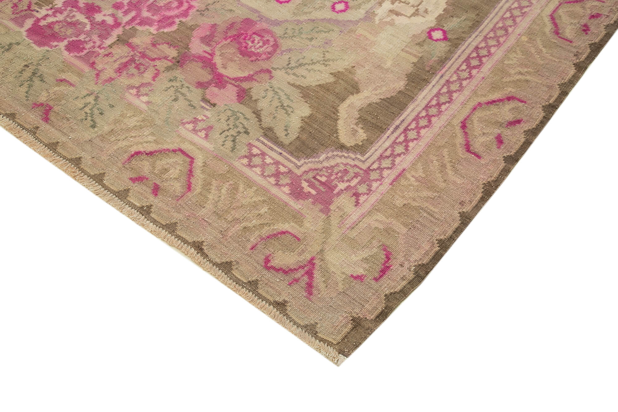 Handmade Wool Area Rug – Beige Floral Cotton Wool Blend, 7x12 Foot Vintage Carpet