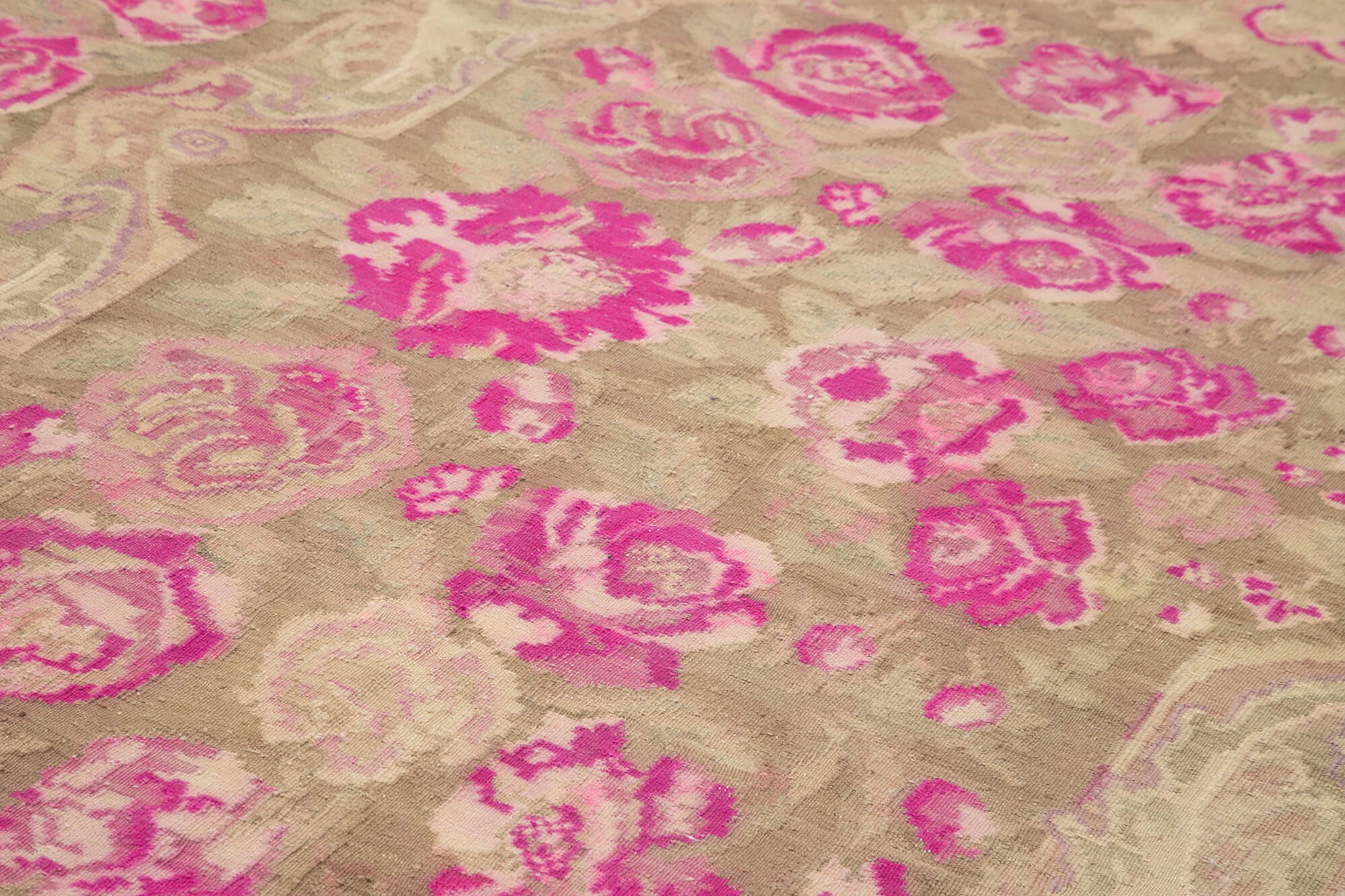 Handmade Wool Area Rug – Beige Floral Cotton Wool Blend, 7x12 Foot Vintage Carpet