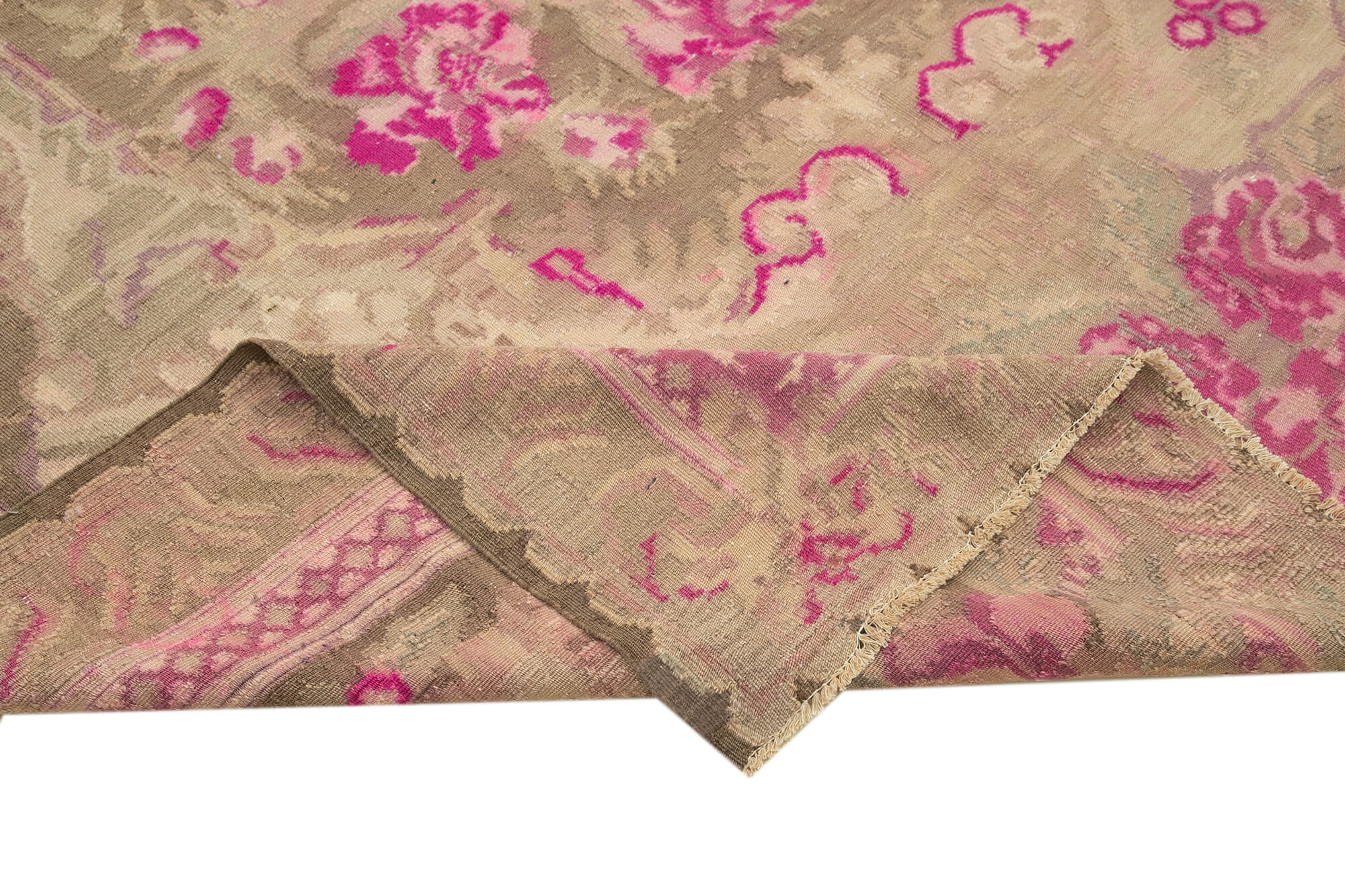 Handmade Wool Area Rug – Beige Floral Cotton Wool Blend, 7x12 Foot Vintage Carpet