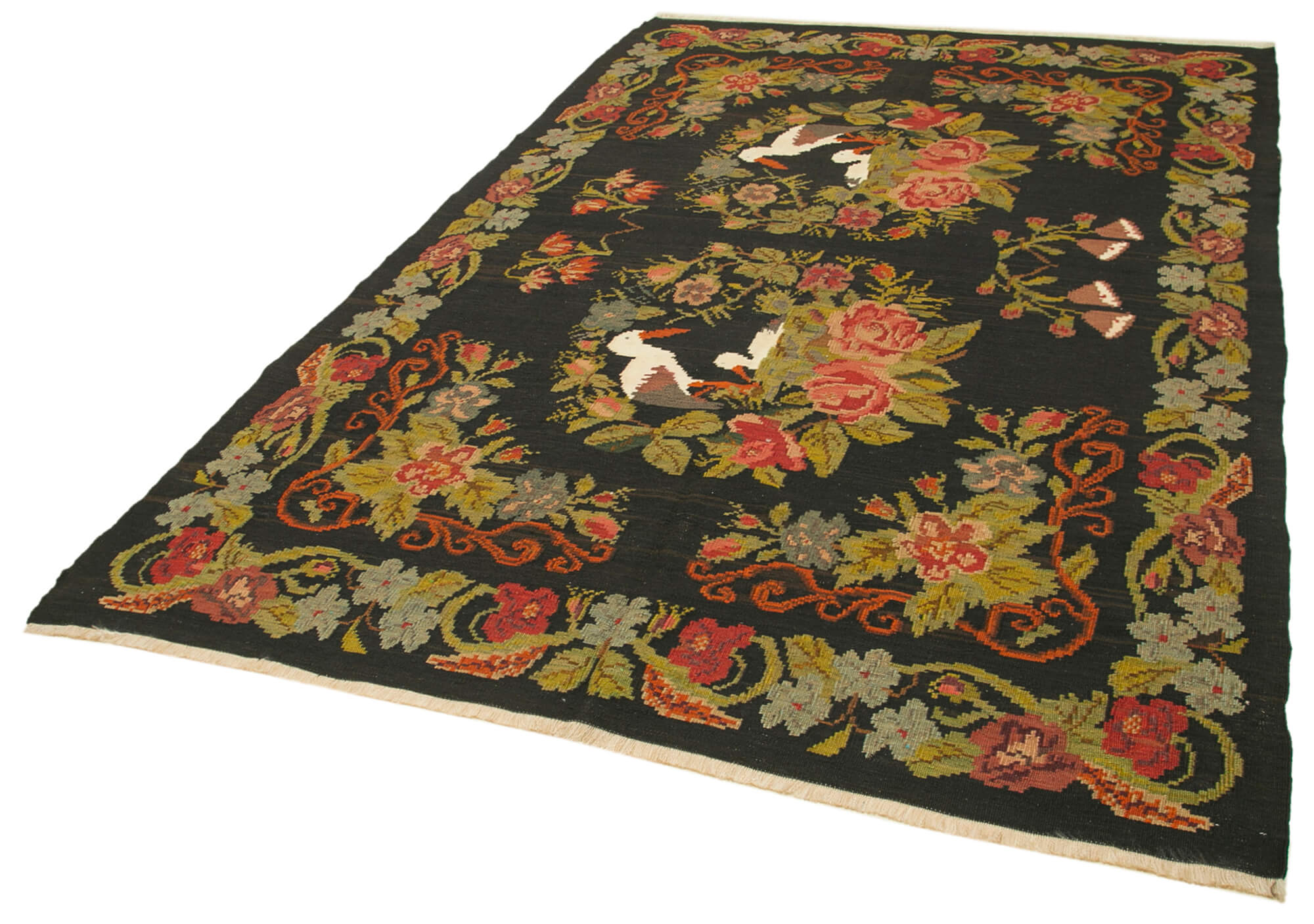 Handmade Wool Area Rug - Vintage Turkish Carpet Black Floral Cotton Boho Style