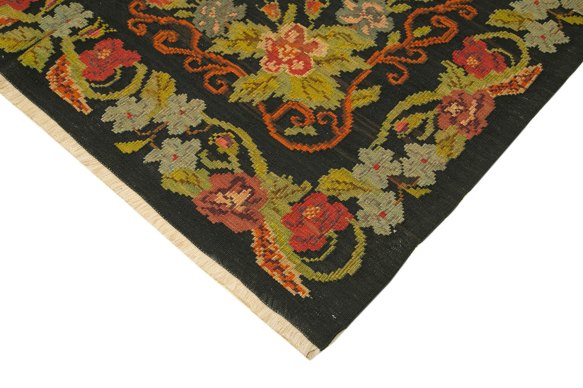 Handmade Wool Area Rug - Vintage Turkish Carpet Black Floral Cotton Boho Style