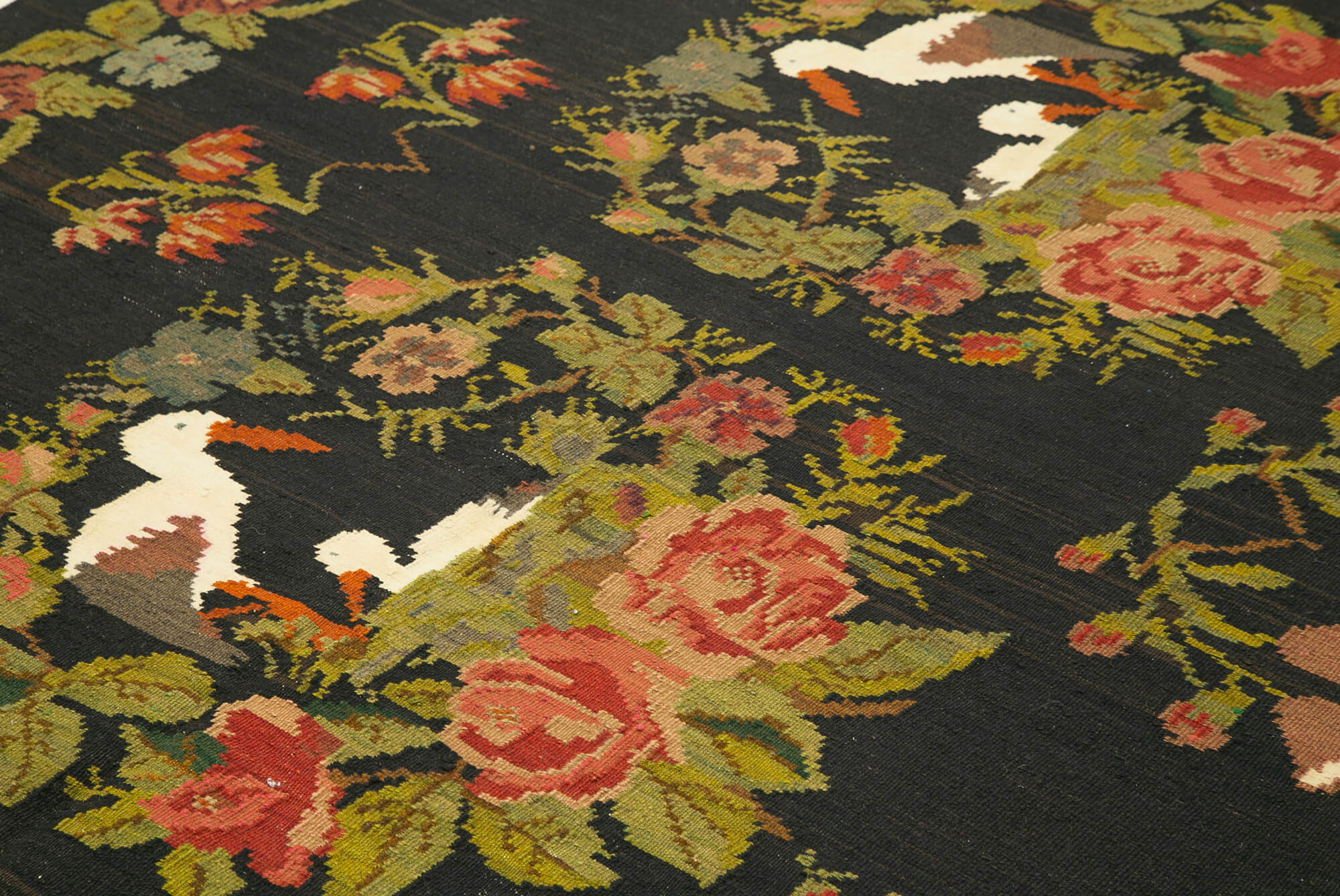 Handmade Wool Area Rug - Vintage Turkish Carpet Black Floral Cotton Boho Style