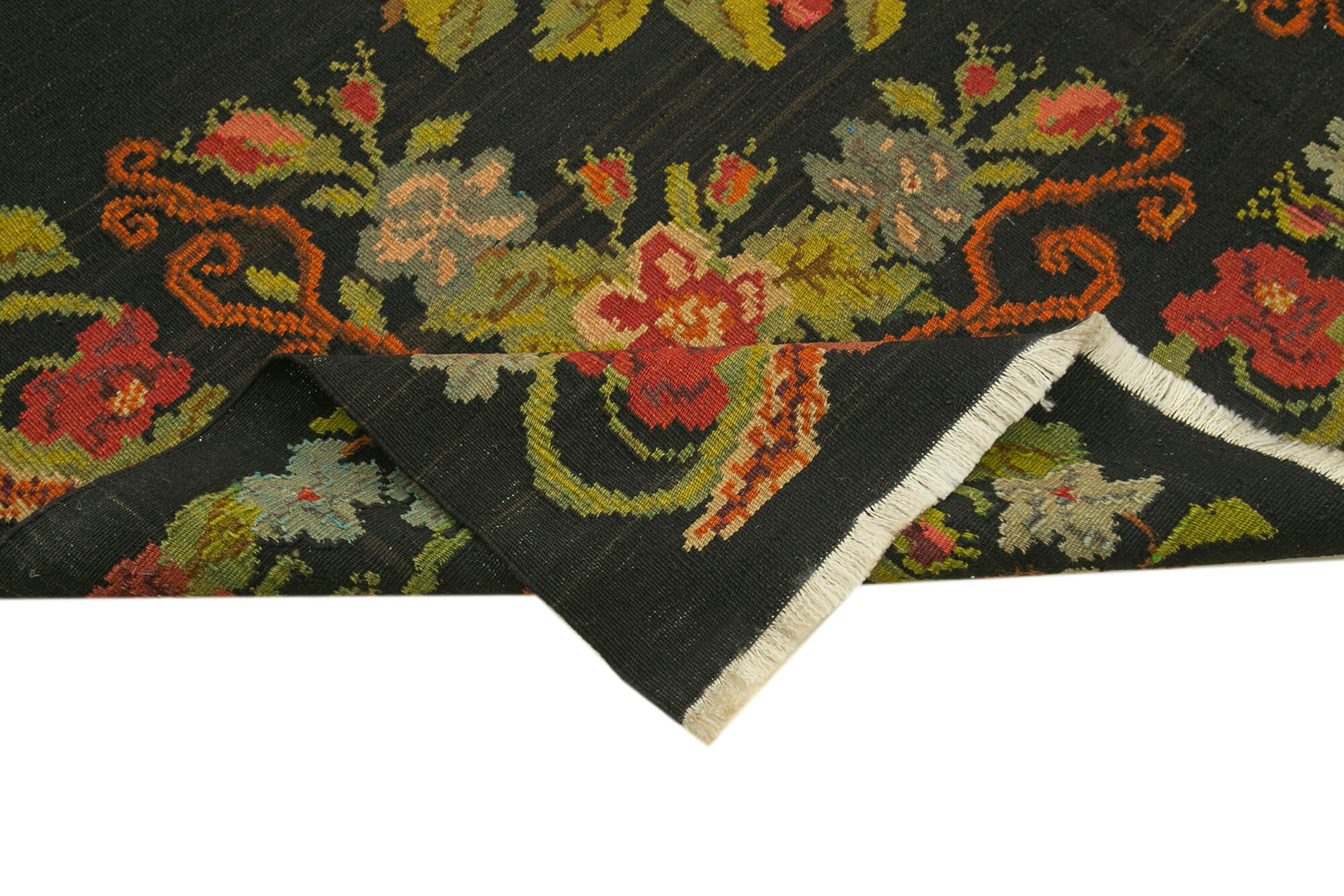 Handmade Wool Area Rug - Vintage Turkish Carpet Black Floral Cotton Boho Style