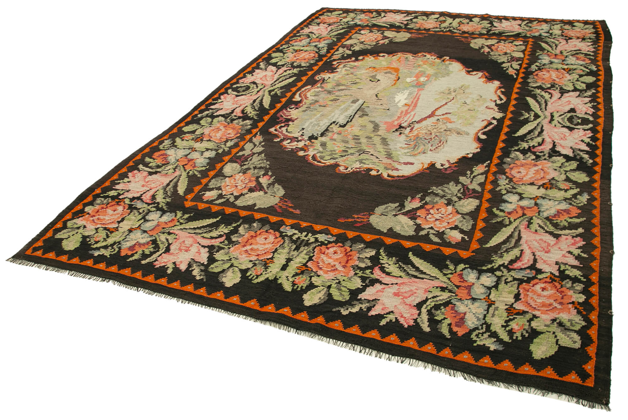Handmade Wool Rug - Moldovian Black Floral Area Rug | Cotton Wool Carpet 7'1"x11'1"