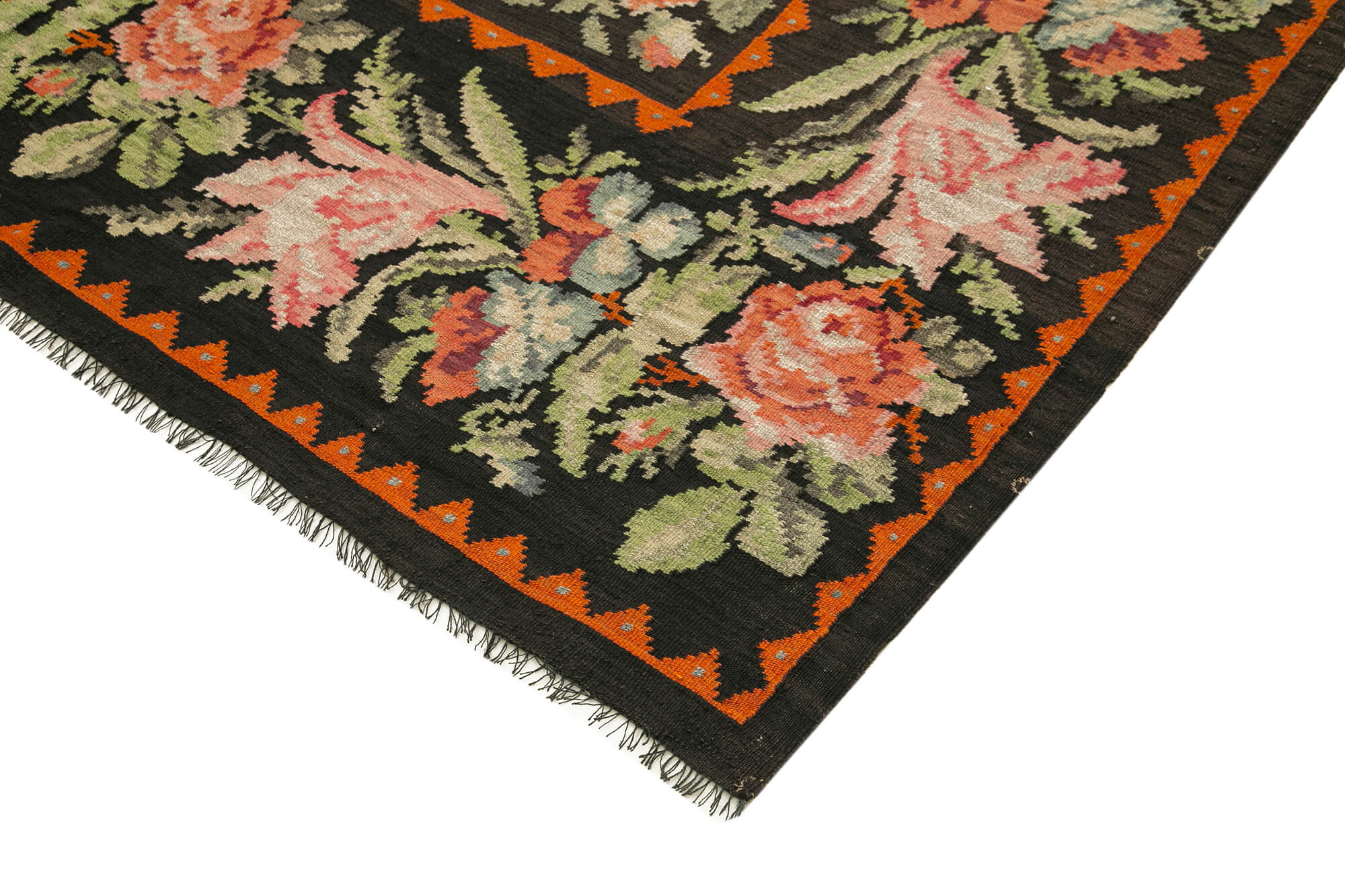 Handmade Wool Rug - Moldovian Black Floral Area Rug | Cotton Wool Carpet 7'1"x11'1"