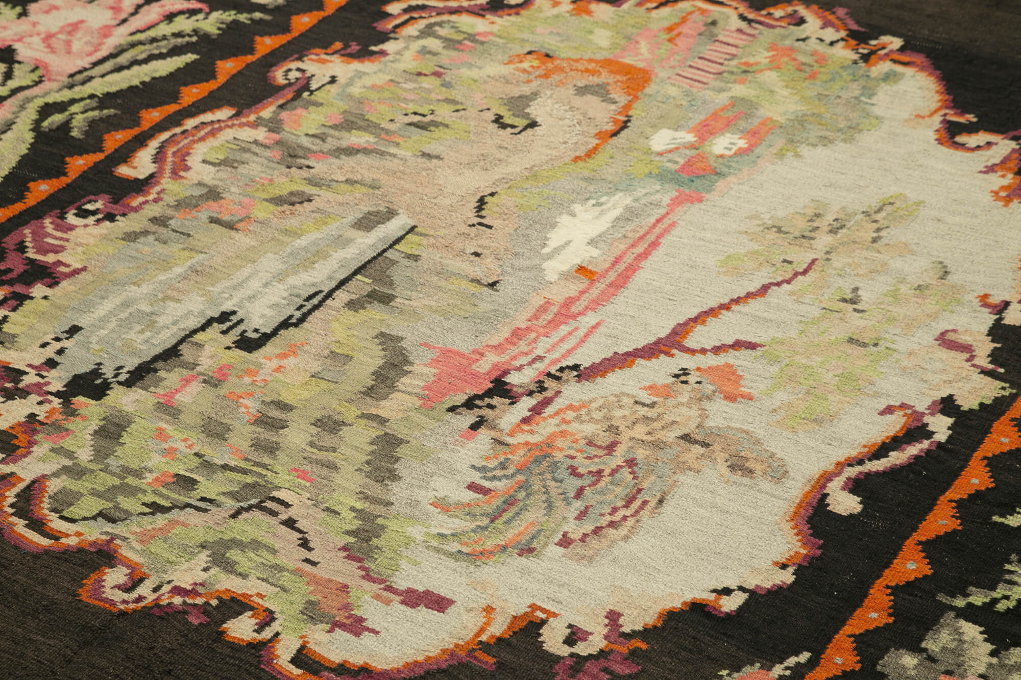 Handmade Wool Rug - Moldovian Black Floral Area Rug | Cotton Wool Carpet 7'1"x11'1"