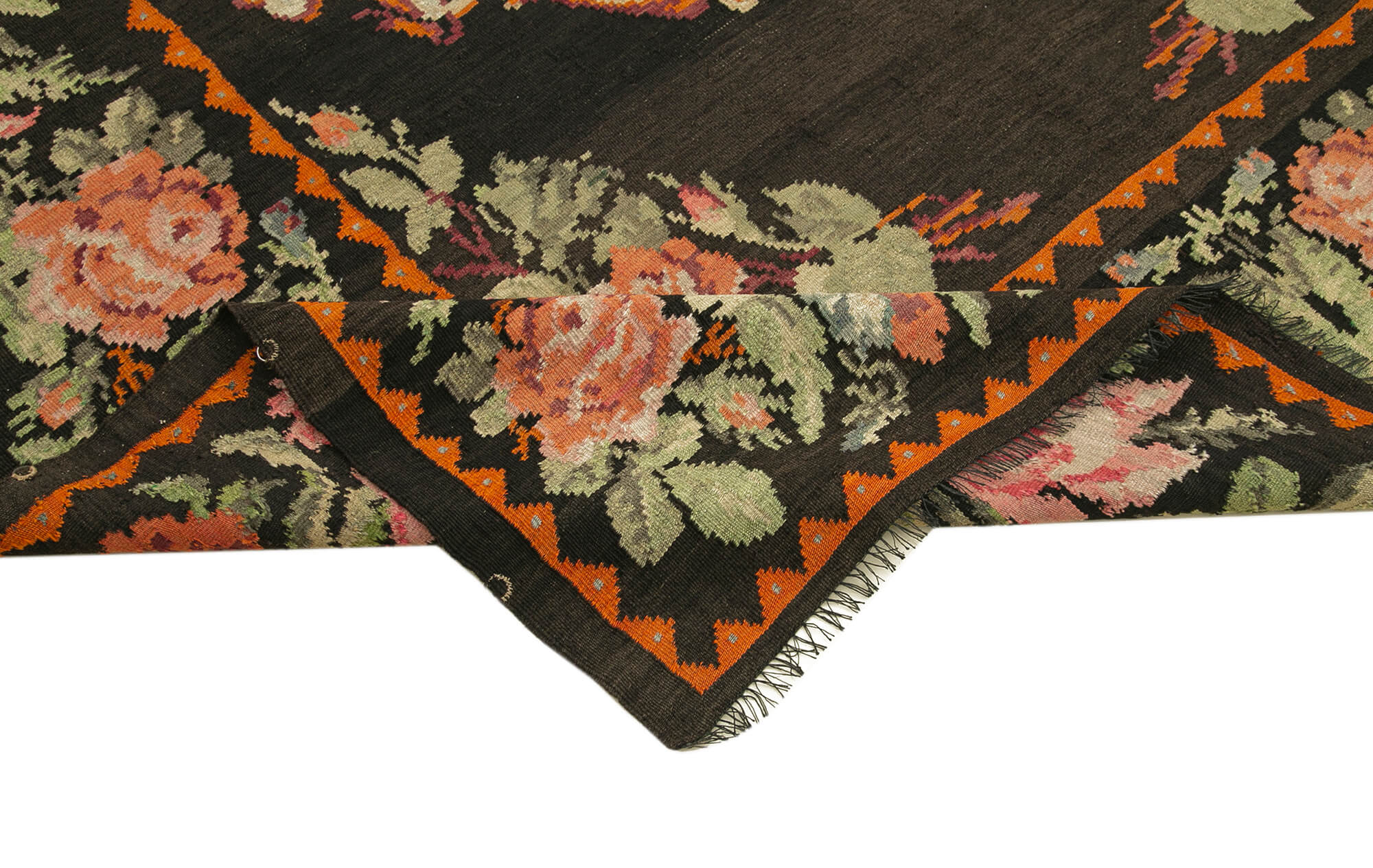 Handmade Wool Rug - Moldovian Black Floral Area Rug | Cotton Wool Carpet 7'1"x11'1"