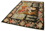 Handmade Wool Area Rug - Vintage Hand Woven Floral Black Cotton Wool Goat Hair 5'8''x8'5''