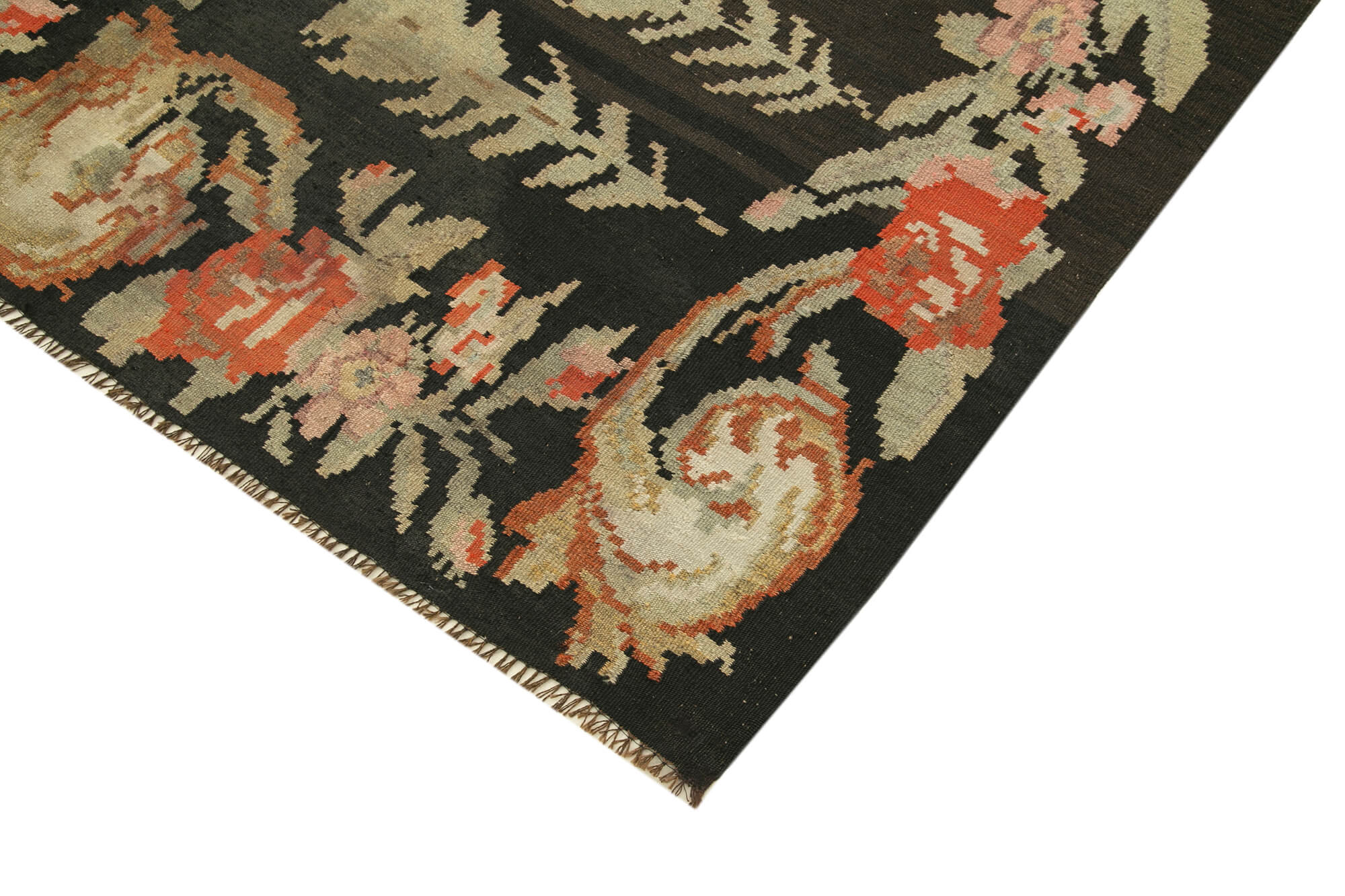 Handmade Wool Area Rug - Vintage Hand Woven Floral Black Cotton Wool Goat Hair 5'8''x8'5''