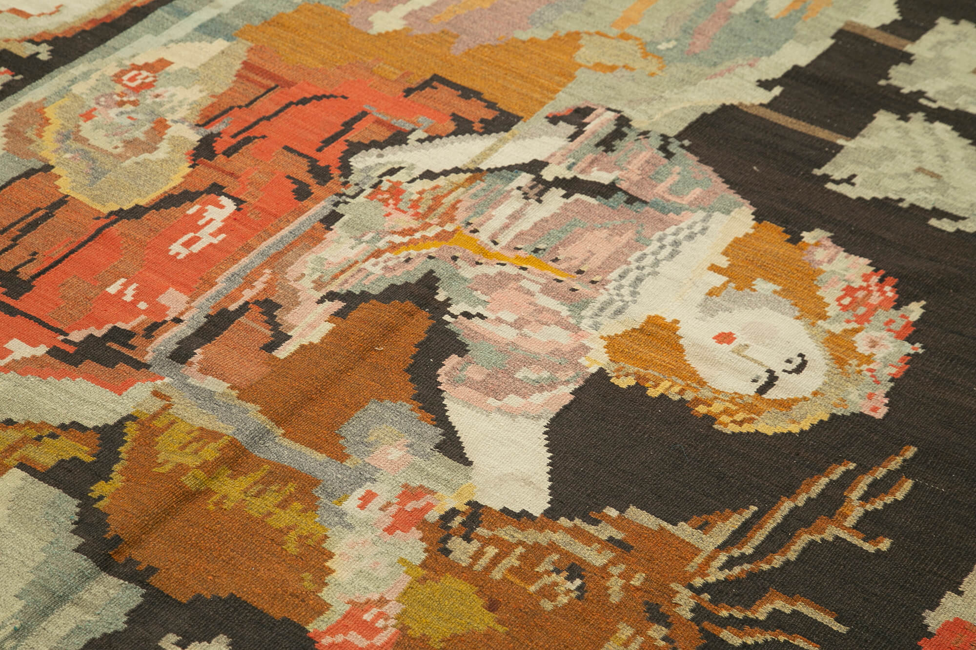 Handmade Wool Area Rug - Vintage Hand Woven Floral Black Cotton Wool Goat Hair 5'8''x8'5''
