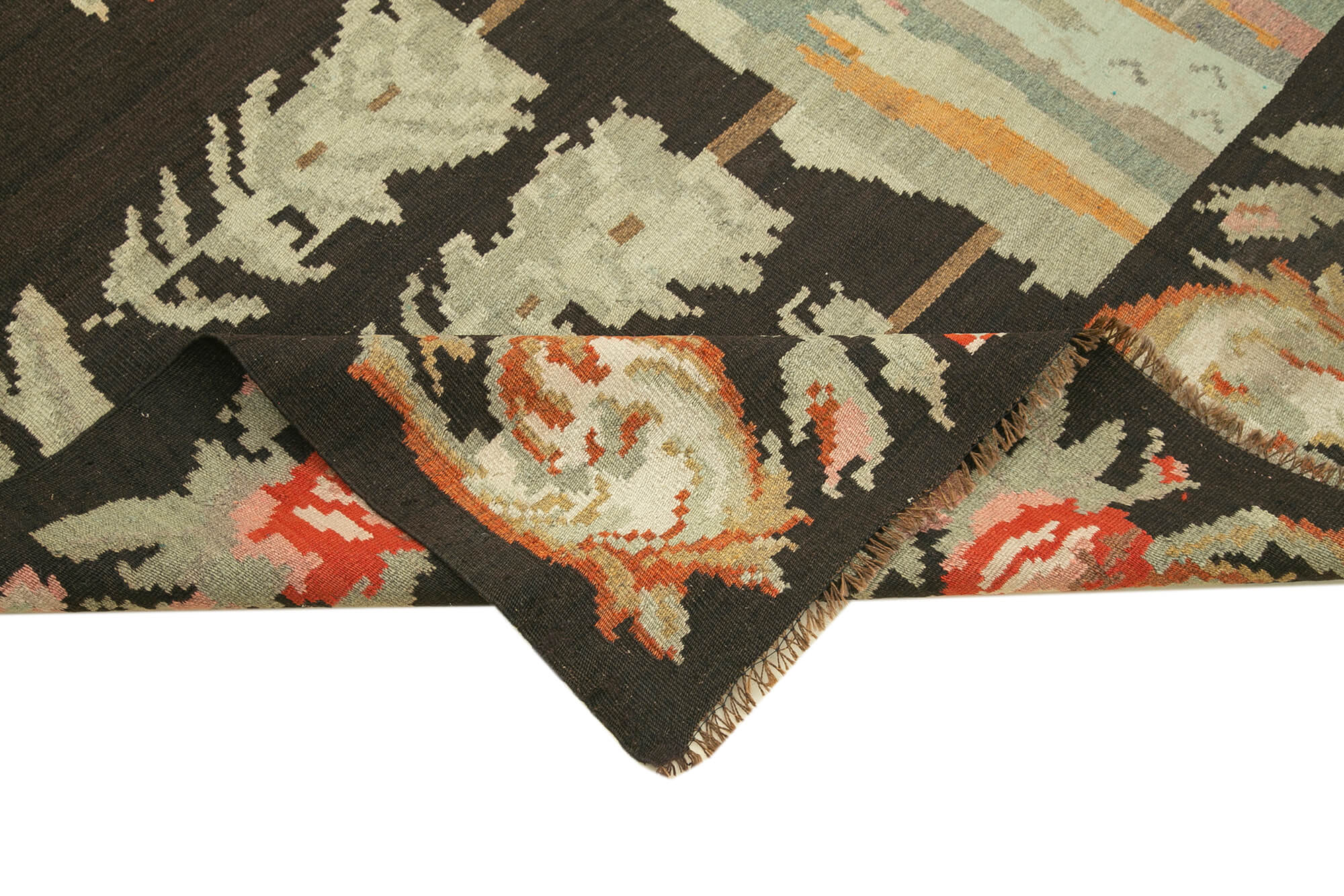 Handmade Wool Area Rug - Vintage Hand Woven Floral Black Cotton Wool Goat Hair 5'8''x8'5''