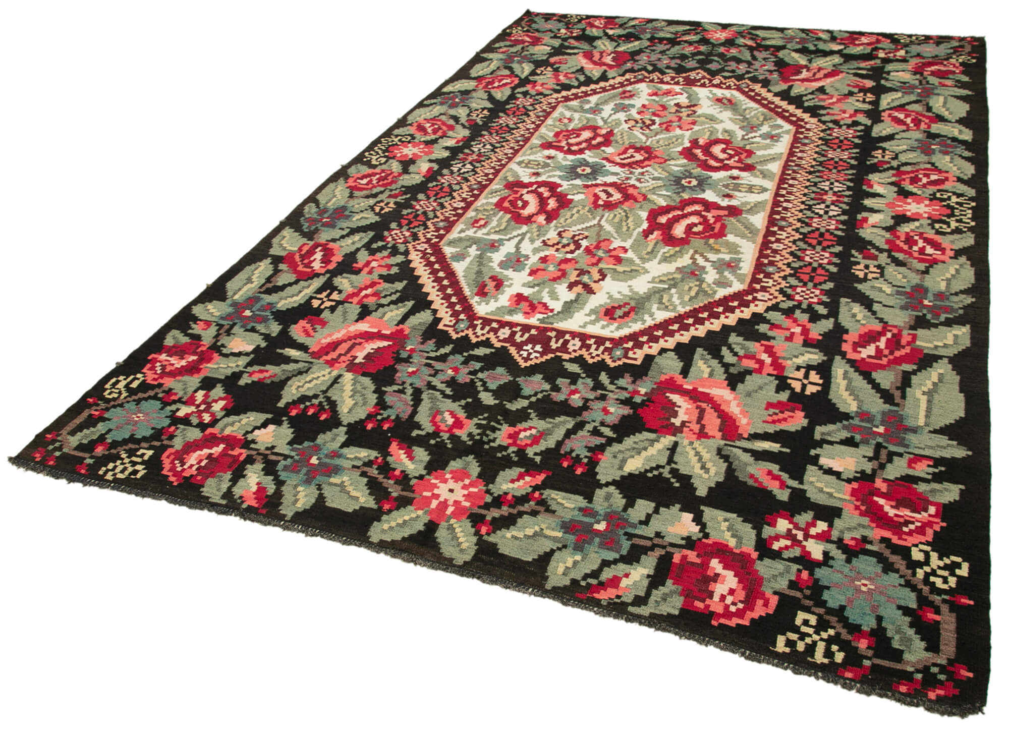 Handmade Wool Rug – Vintage Black Floral Pattern Rug | Cotton Wool Blend Goat Hair